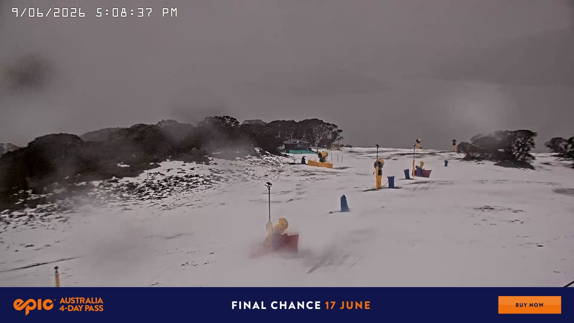 Falls Creek Drover's Dream Lake View snow cam captured at 9 June 2026 at 5:10 pm AEST