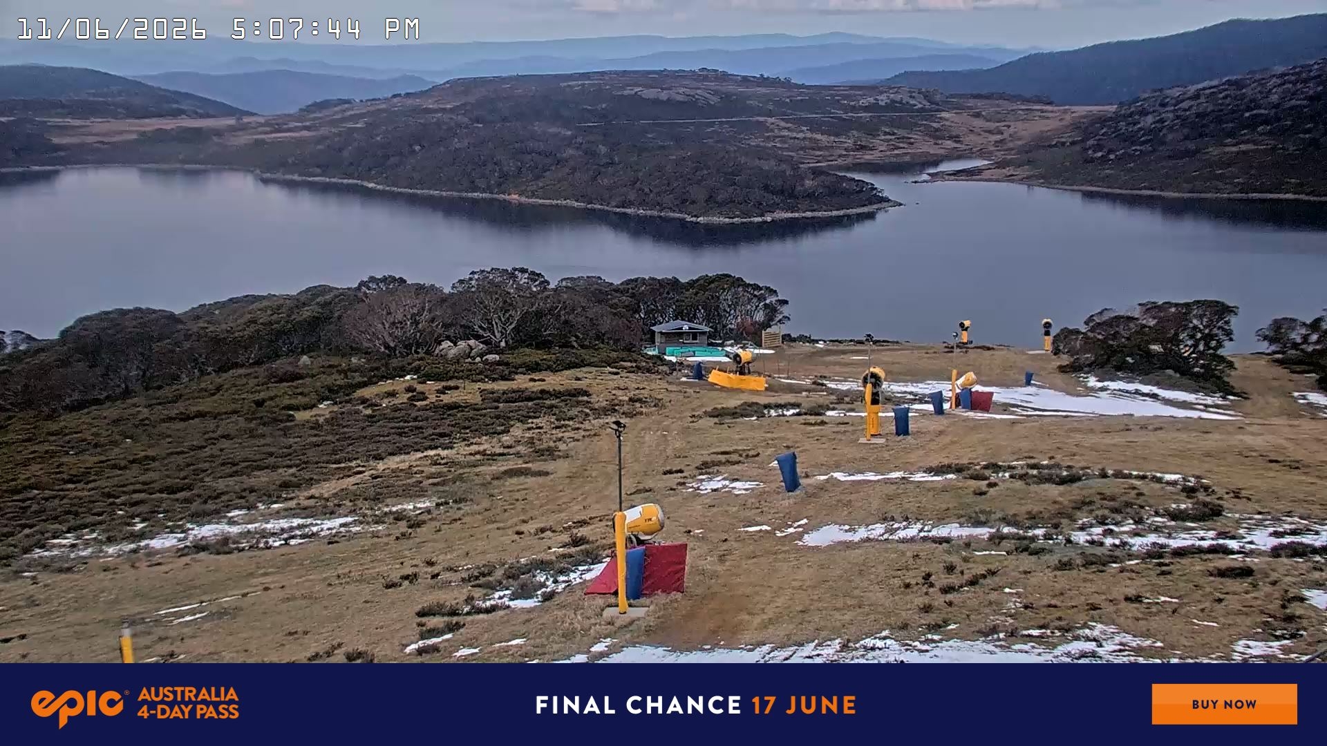 Falls Creek Drover's Dream Lake View snow cam captured at 11 June 2026 at 5:14 pm AEST