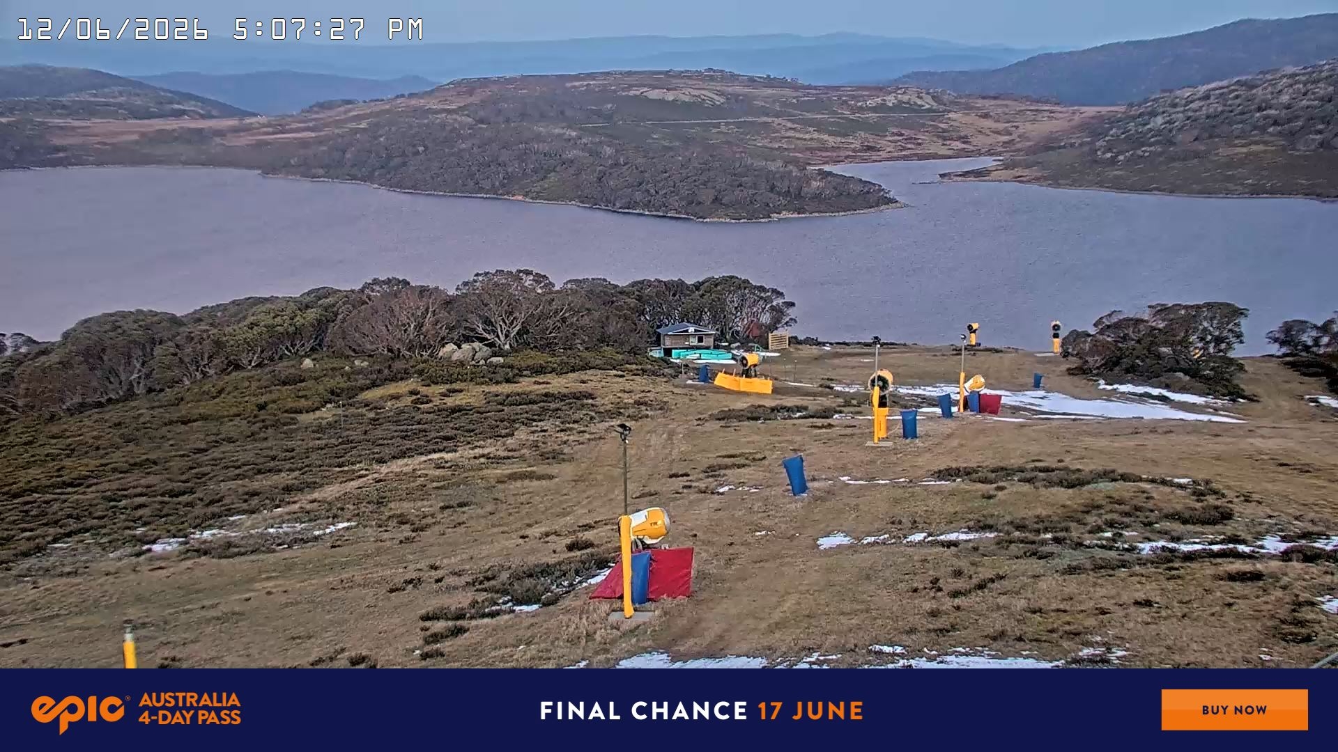 Falls Creek Drover's Dream Lake View snow cam captured at 12 June 2026 at 5:14 pm AEST