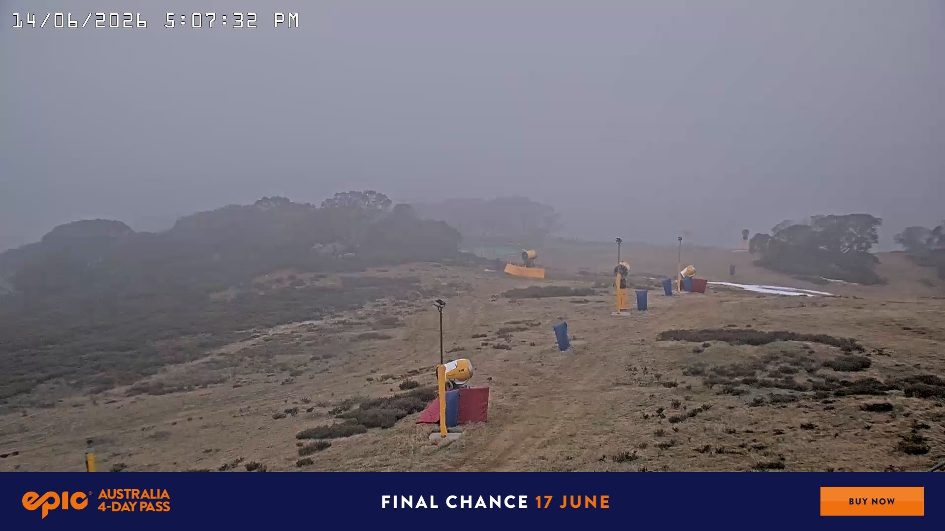 Falls Creek Drover's Dream Lake View snow cam captured at 14 June 2026 at 5:15 pm AEST