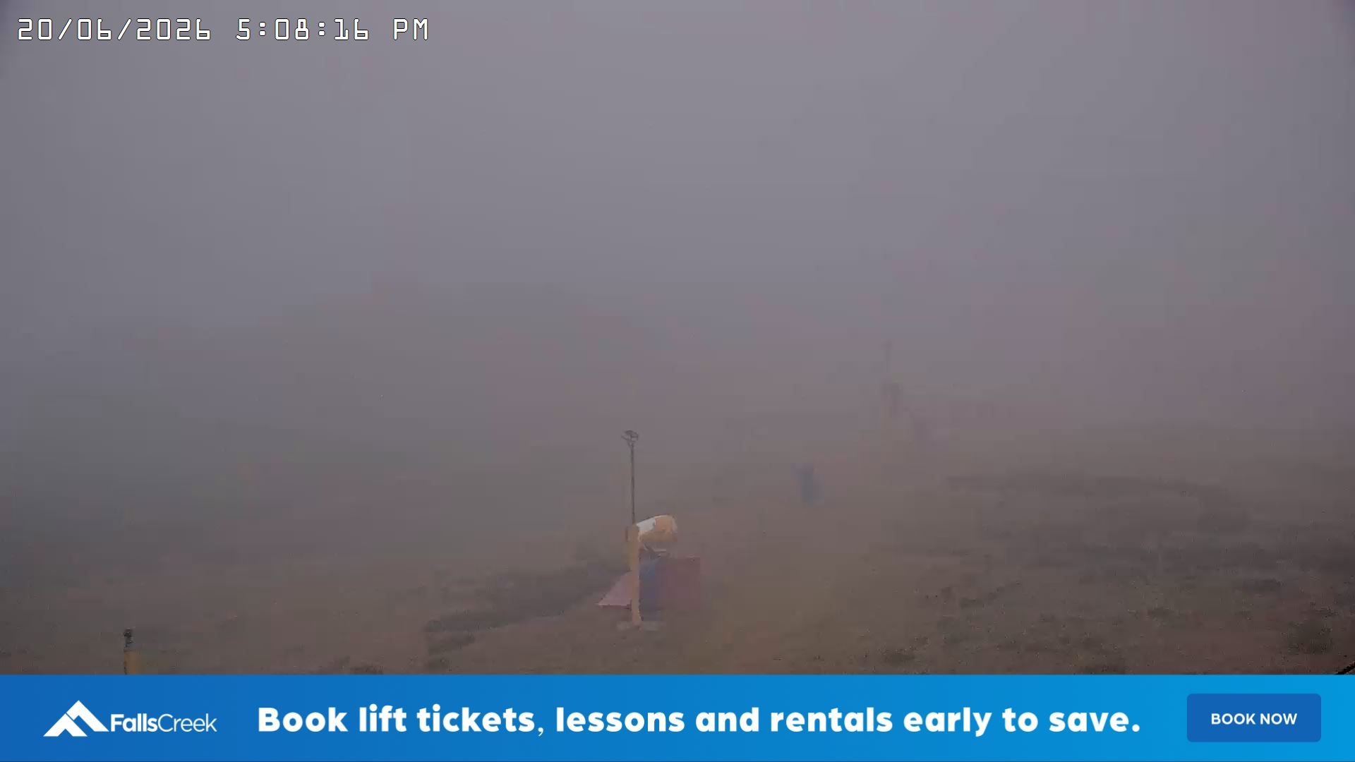 Falls Creek Drover's Dream Lake View snow cam captured at 20 June 2026 at 5:12 pm AEST