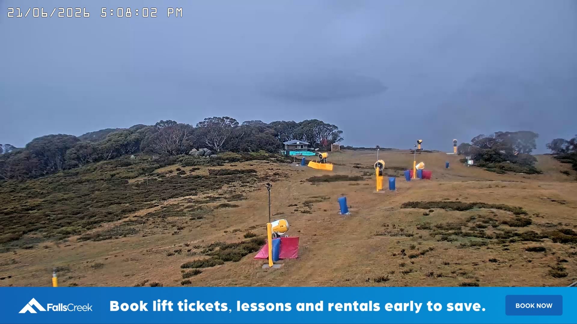 Falls Creek Drover's Dream Lake View snow cam captured at 21 June 2026 at 5:10 pm AEST