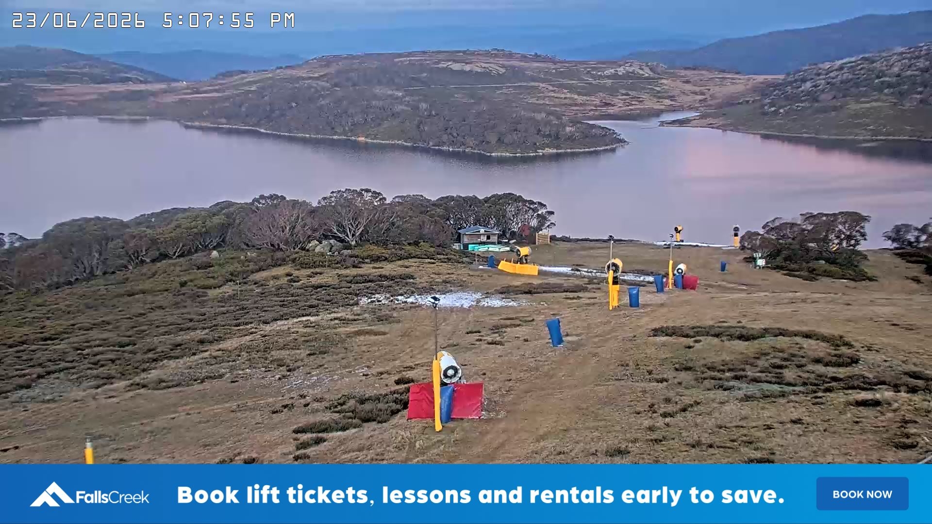 Falls Creek Drover's Dream Lake View snow cam captured at 23 June 2026 at 5:10 pm AEST