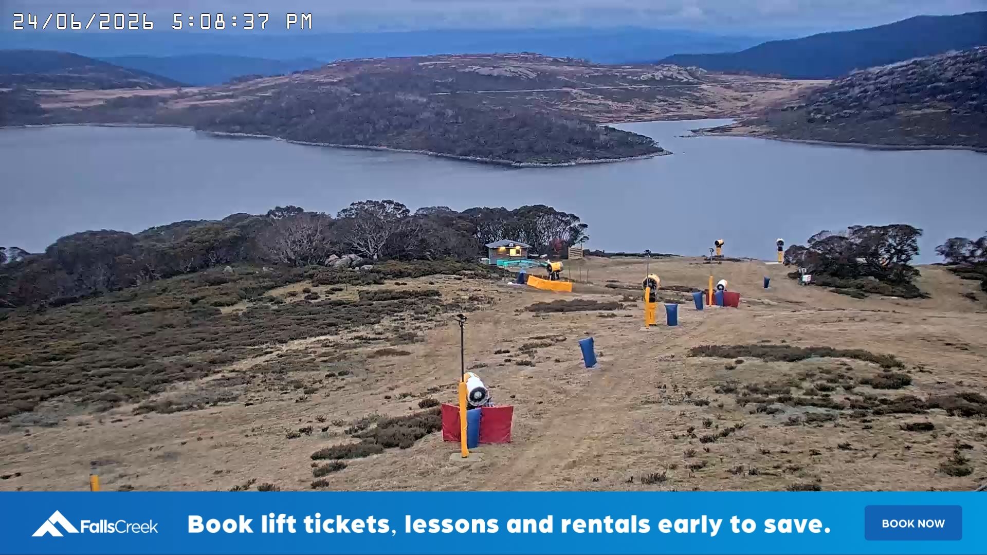 Falls Creek Drover's Dream Lake View snow cam captured at 24 June 2026 at 5:10 pm AEST
