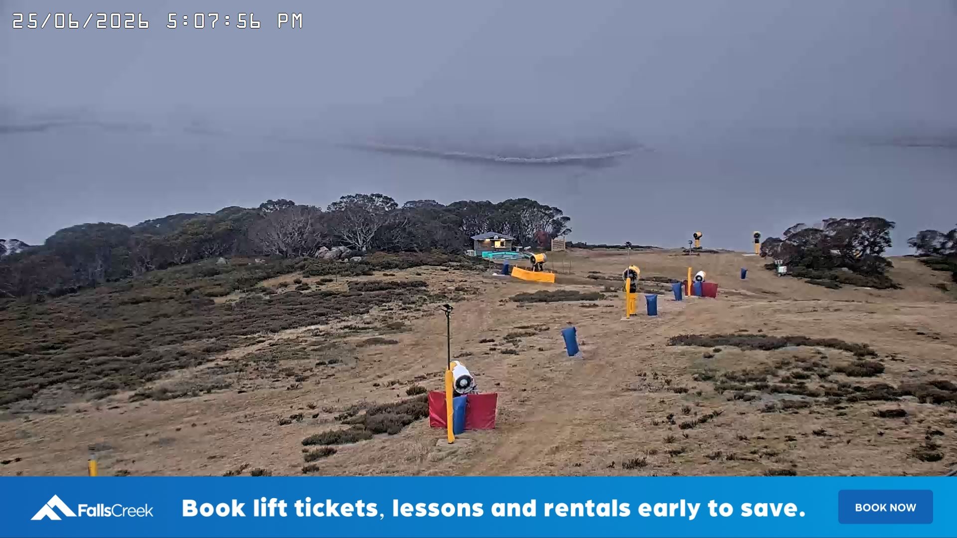 Falls Creek Drover's Dream Lake View snow cam captured at 25 June 2026 at 5:10 pm AEST