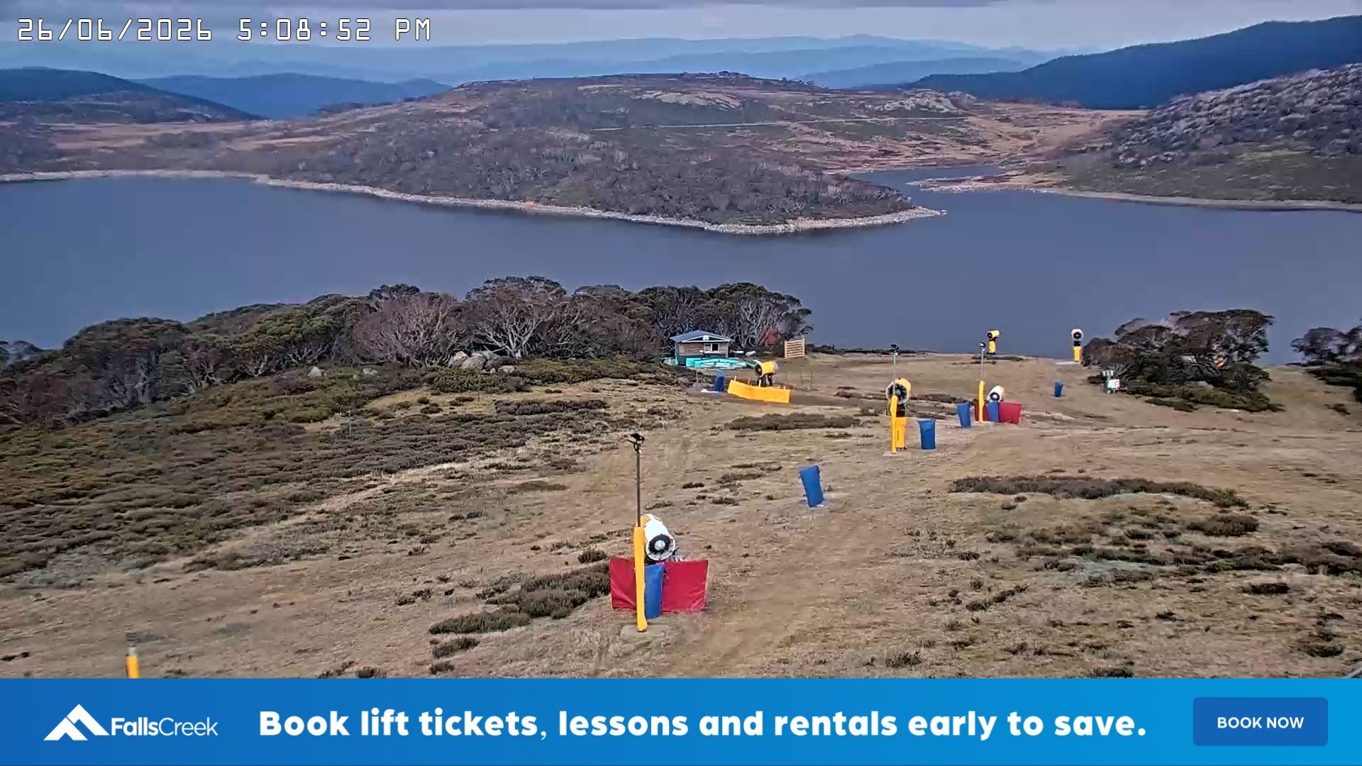 Falls Creek Drover's Dream Lake View snow cam captured at 26 June 2026 at 5:10 pm AEST