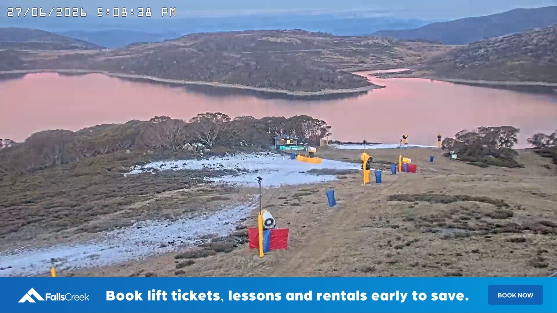 Falls Creek Drover's Dream Lake View snow cam captured at 27 June 2026 at 5:14 pm AEST