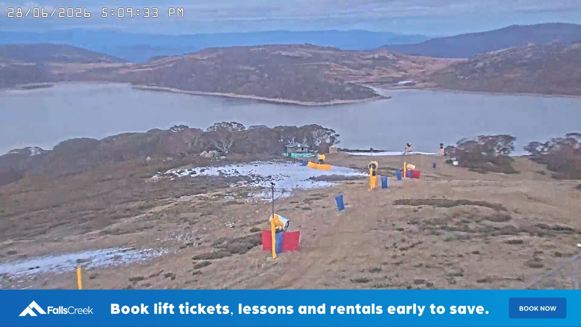 Falls Creek Drover's Dream Lake View snow cam captured at 28 June 2026 at 5:13 pm AEST