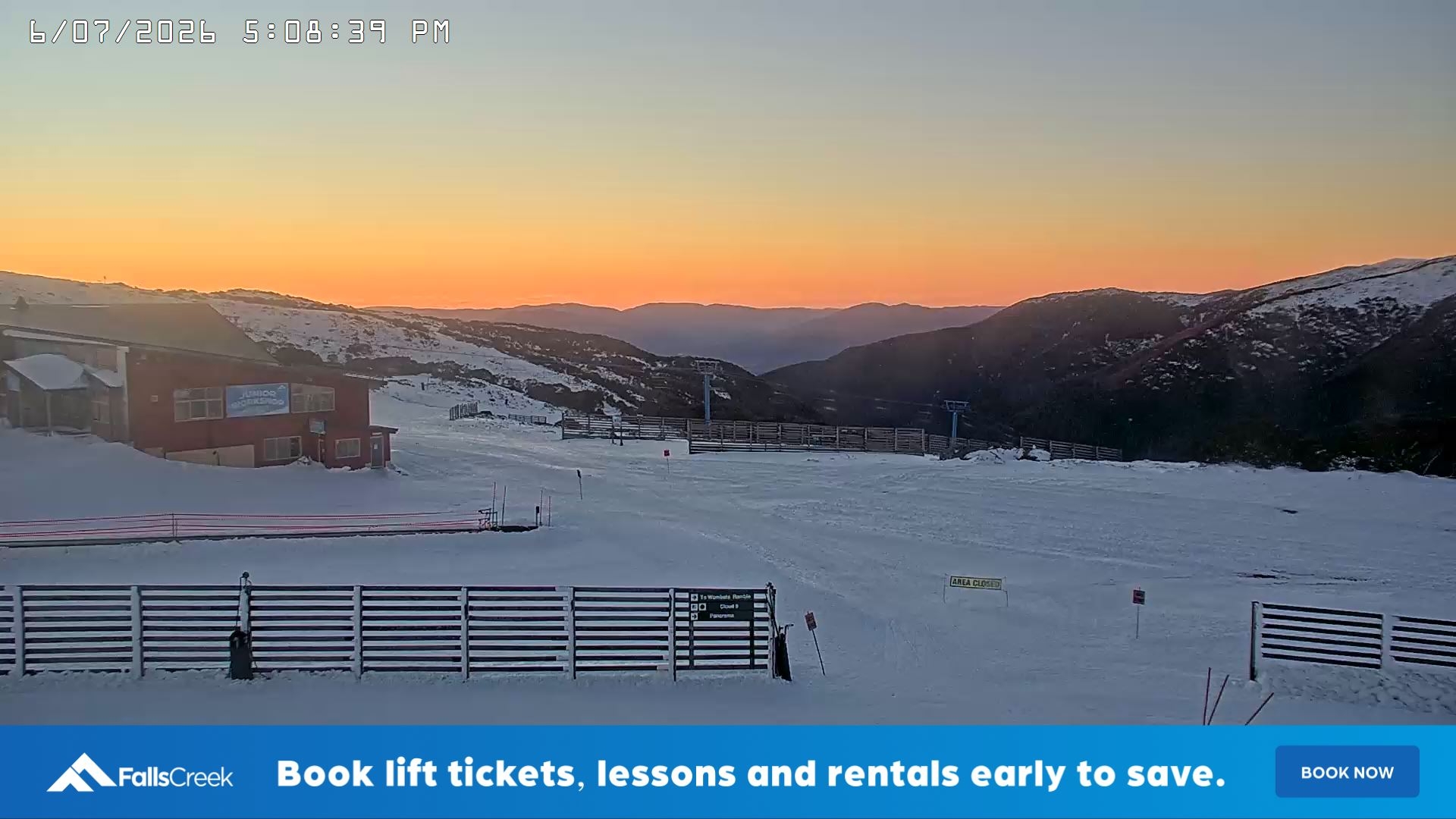 Falls Creek Drover's Dream Lake View snow cam captured at 6 July 2026 at 5:20 pm AEST