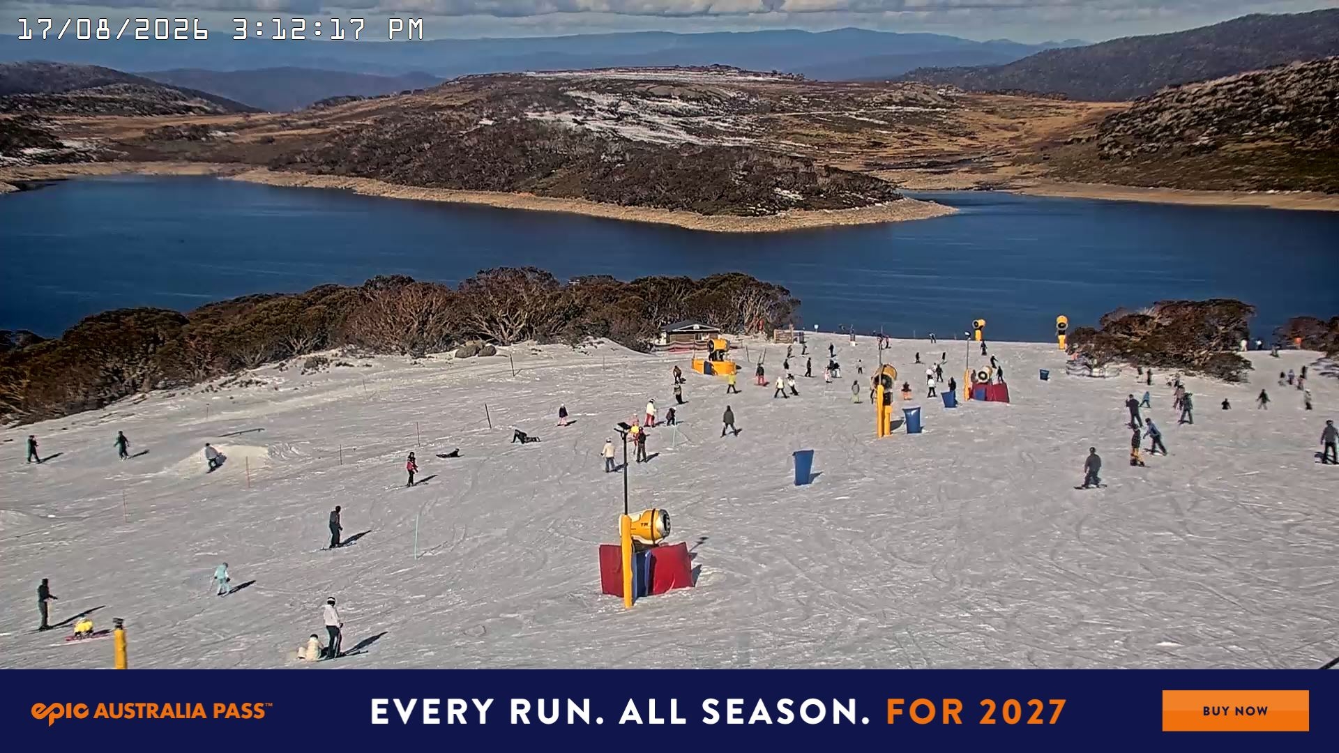 Falls Creek Drover's Dream Lake View snow cam captured at 17 August 2026 at 3:21 pm AEST