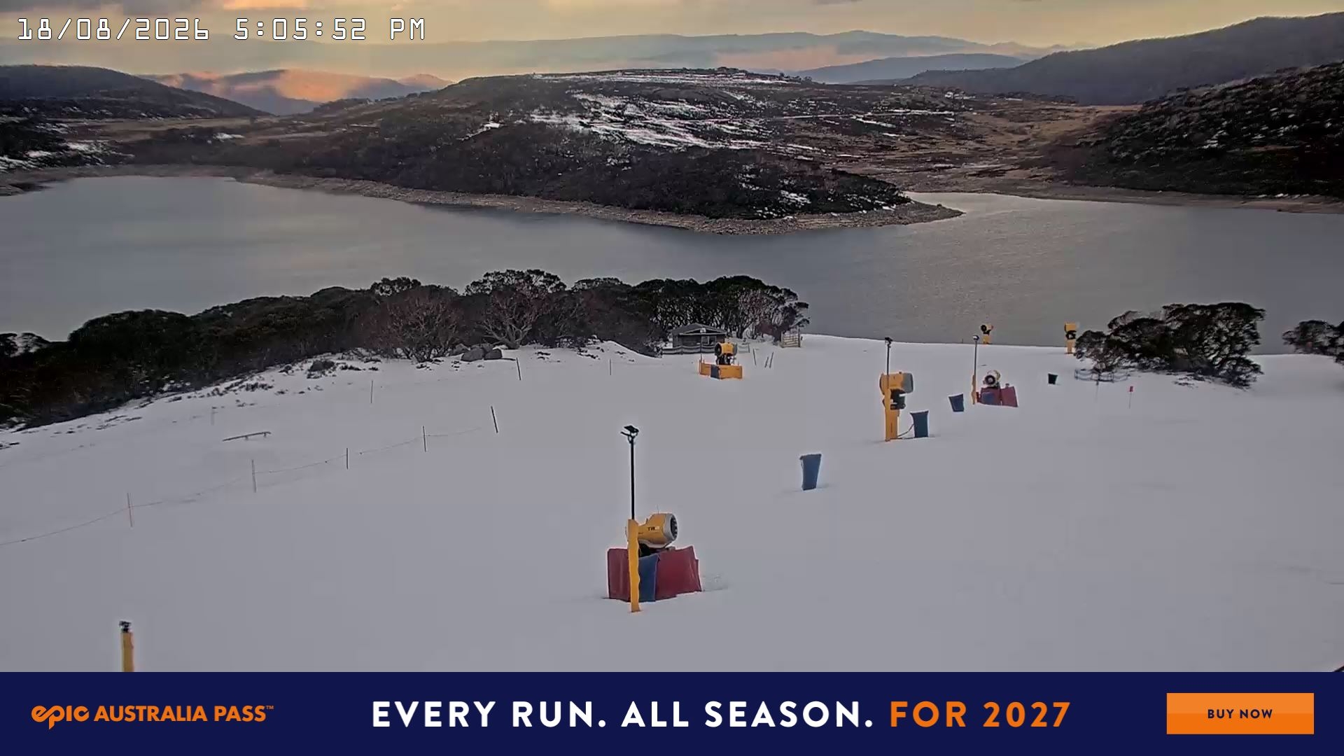 Falls Creek Drover's Dream Lake View snow cam captured at 18 August 2026 at 5:11 pm AEST