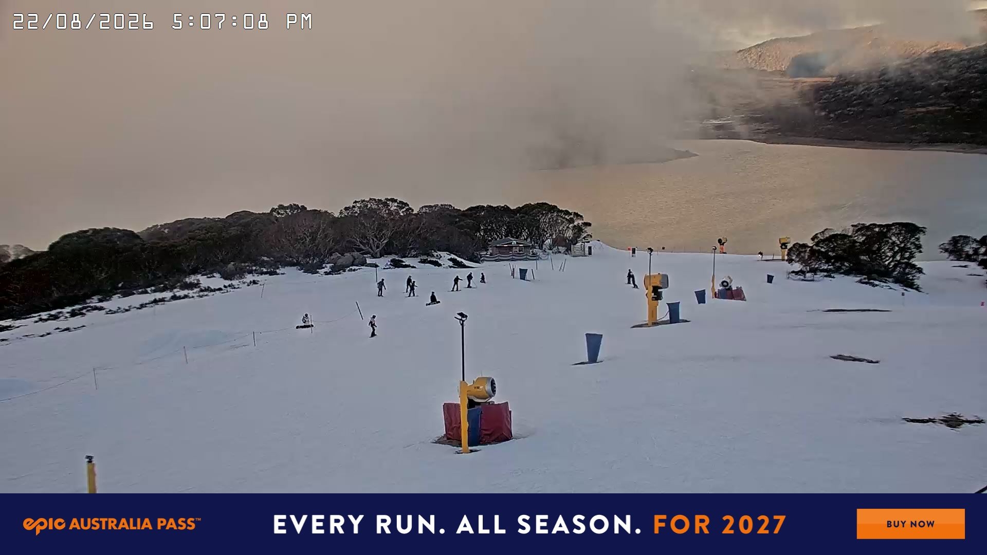 Falls Creek Drover's Dream Lake View snow cam captured at 22 August 2026 at 5:17 pm AEST