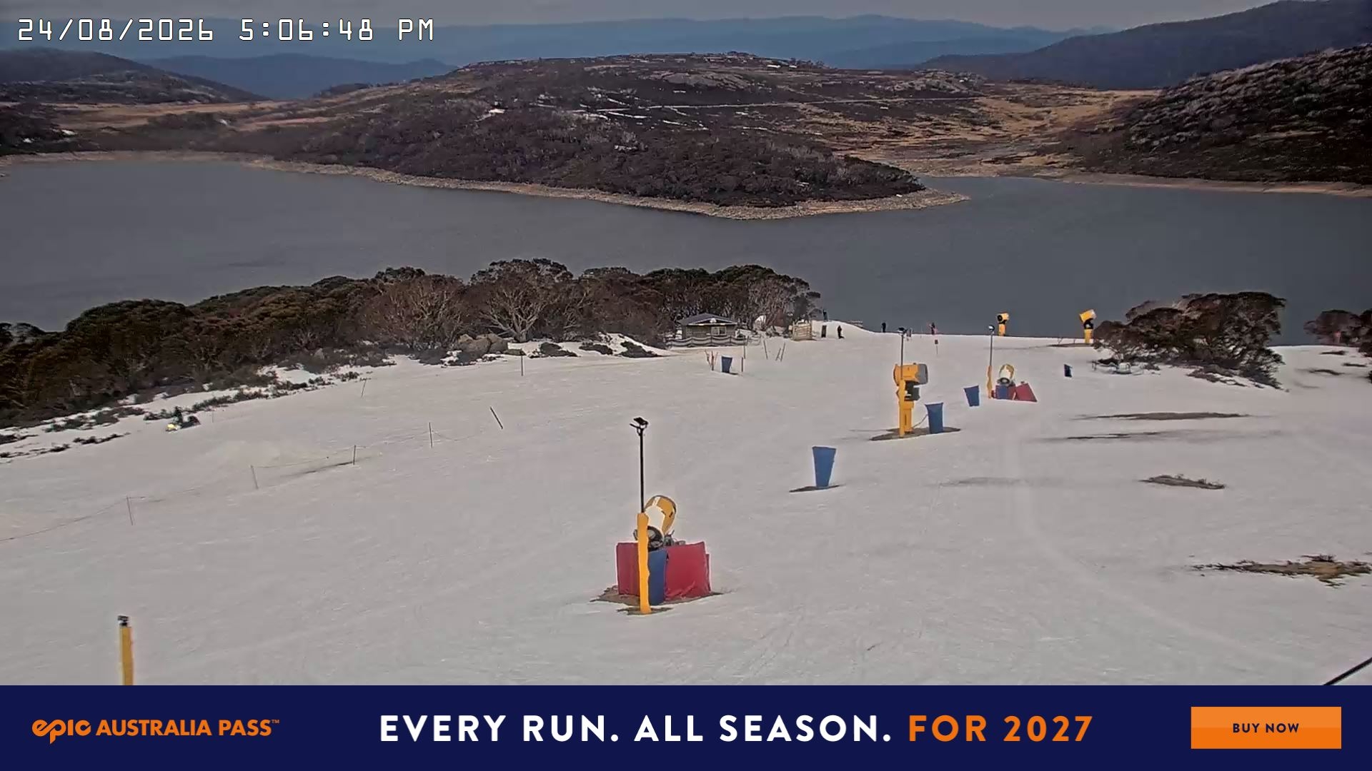 Falls Creek Drover's Dream Lake View snow cam captured at 24 August 2026 at 5:19 pm AEST