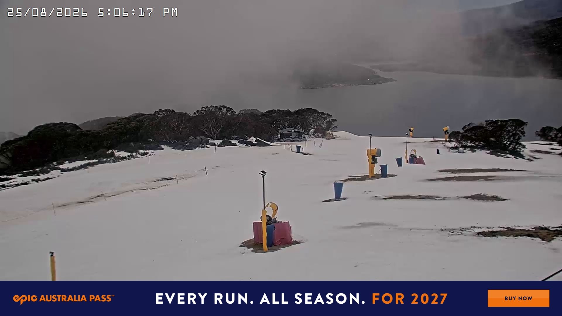 Falls Creek Drover's Dream Lake View snow cam captured at 25 August 2026 at 5:20 pm AEST