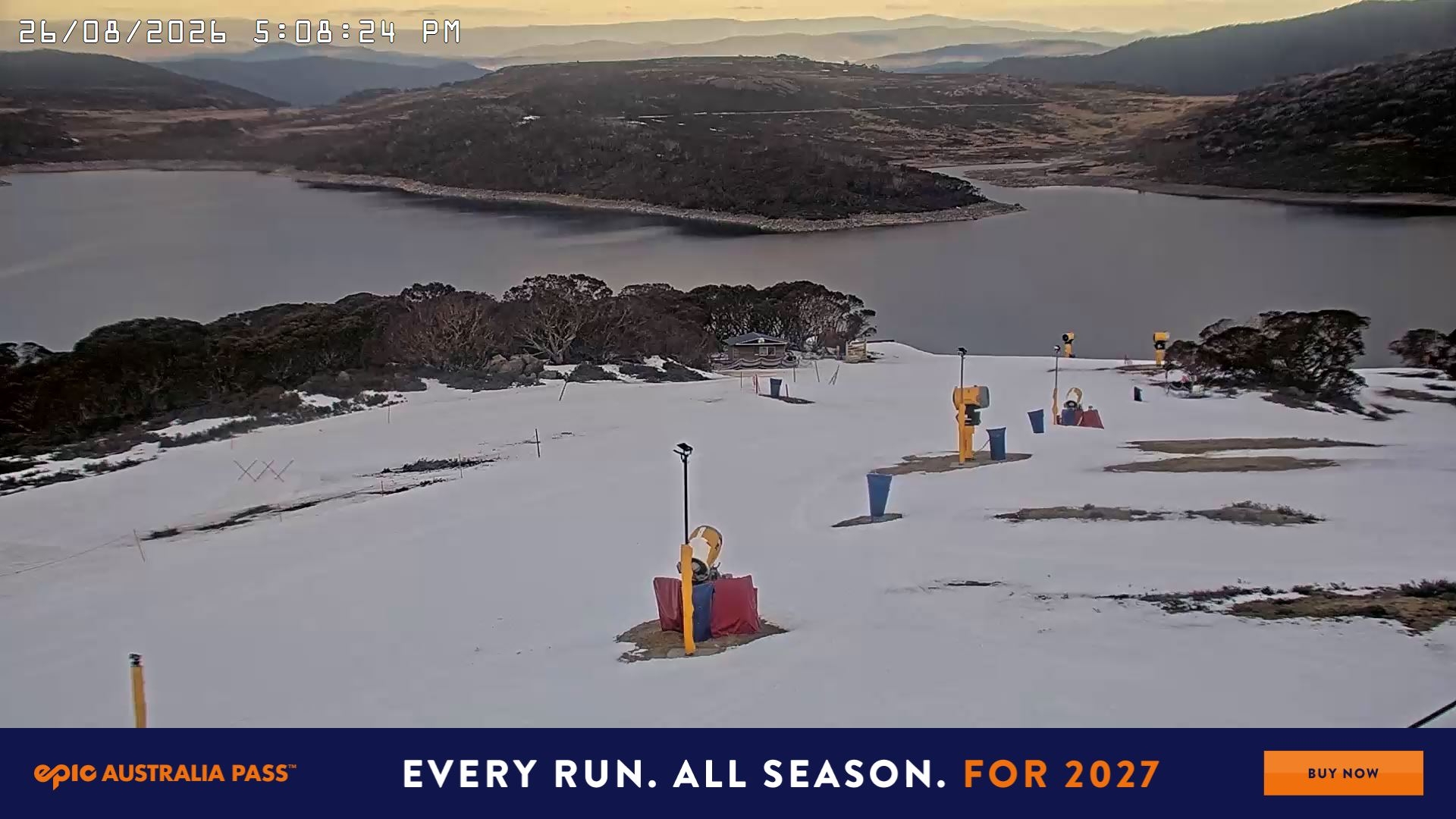 Falls Creek Drover's Dream Lake View snow cam captured at 26 August 2026 at 5:11 pm AEST
