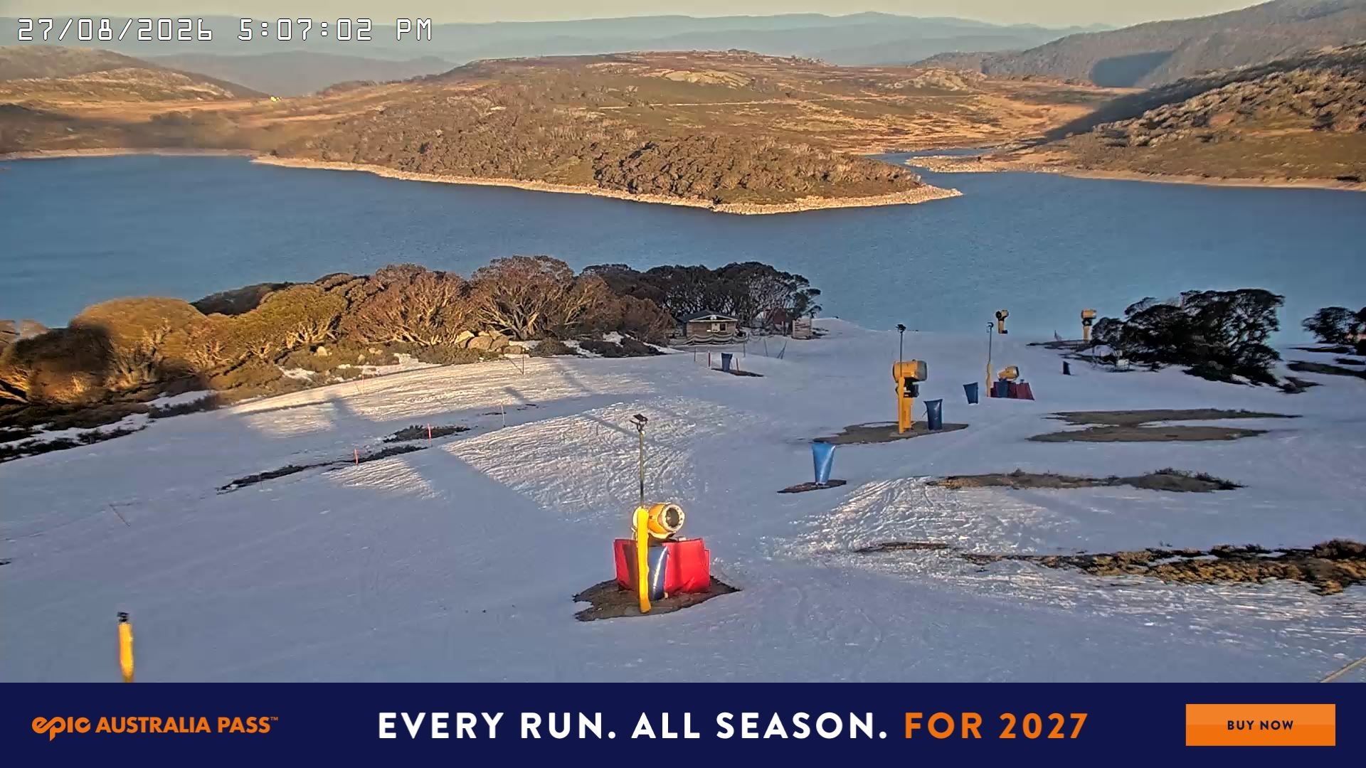 Falls Creek Drover's Dream Lake View snow cam captured at 27 August 2026 at 5:12 pm AEST