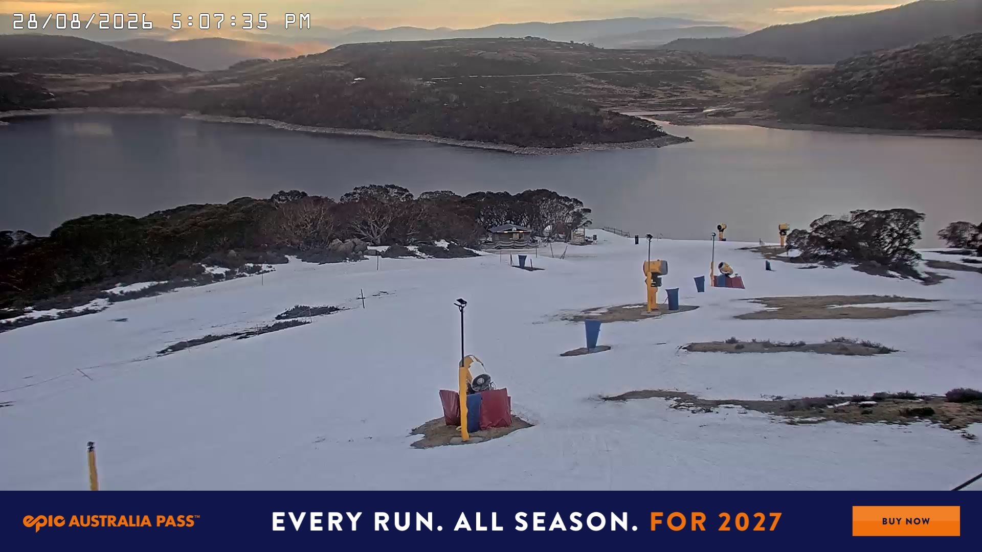 Falls Creek Drover's Dream Lake View snow cam captured at 28 August 2026 at 5:13 pm AEST