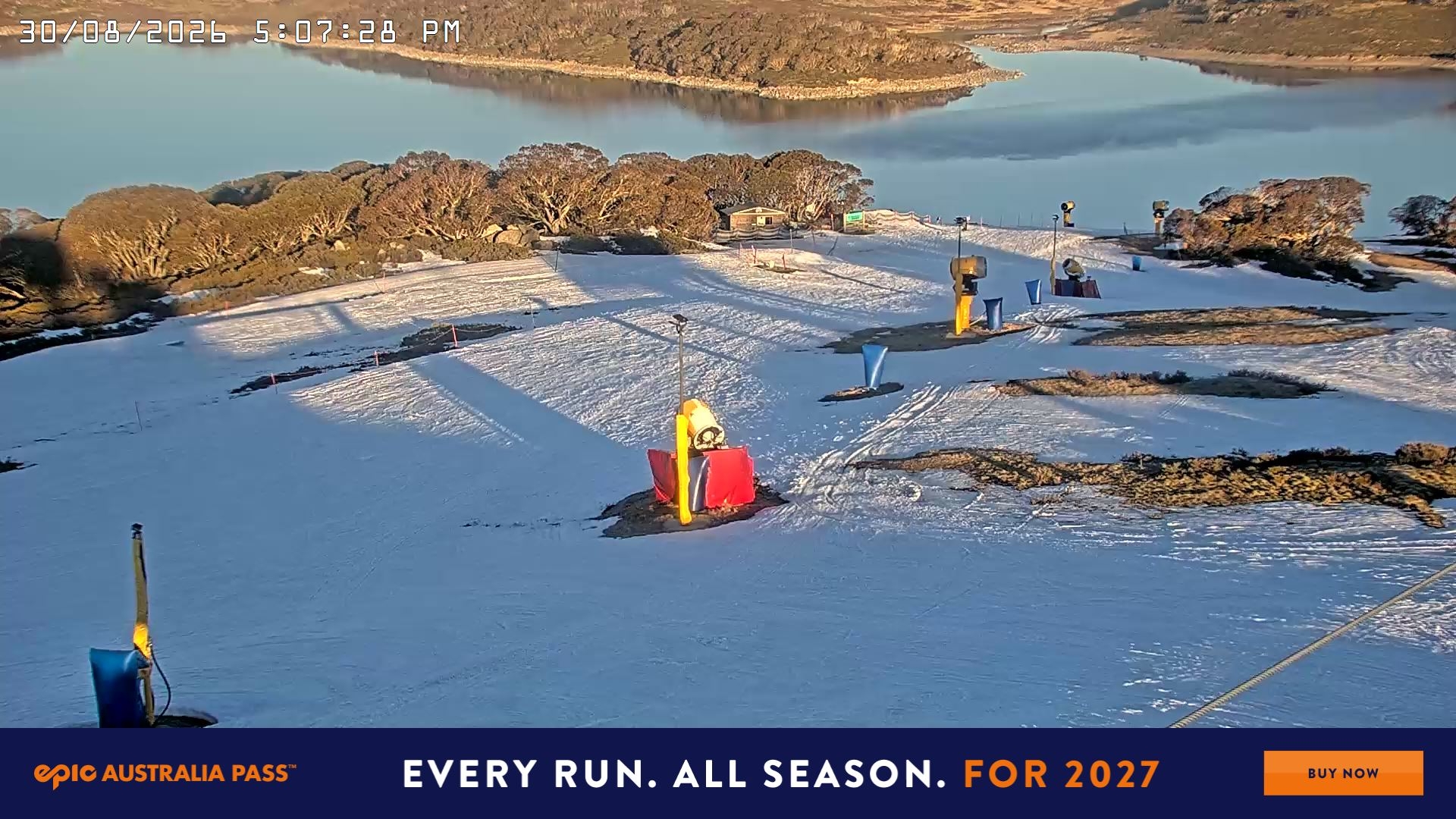 Falls Creek Drover's Dream Lake View snow cam captured at 30 August 2026 at 5:15 pm AEST