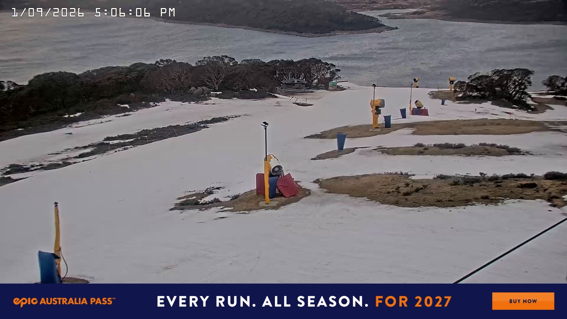 Falls Creek Drover's Dream Lake View snow cam captured at 1 September 2026 at 5:41 pm AEST