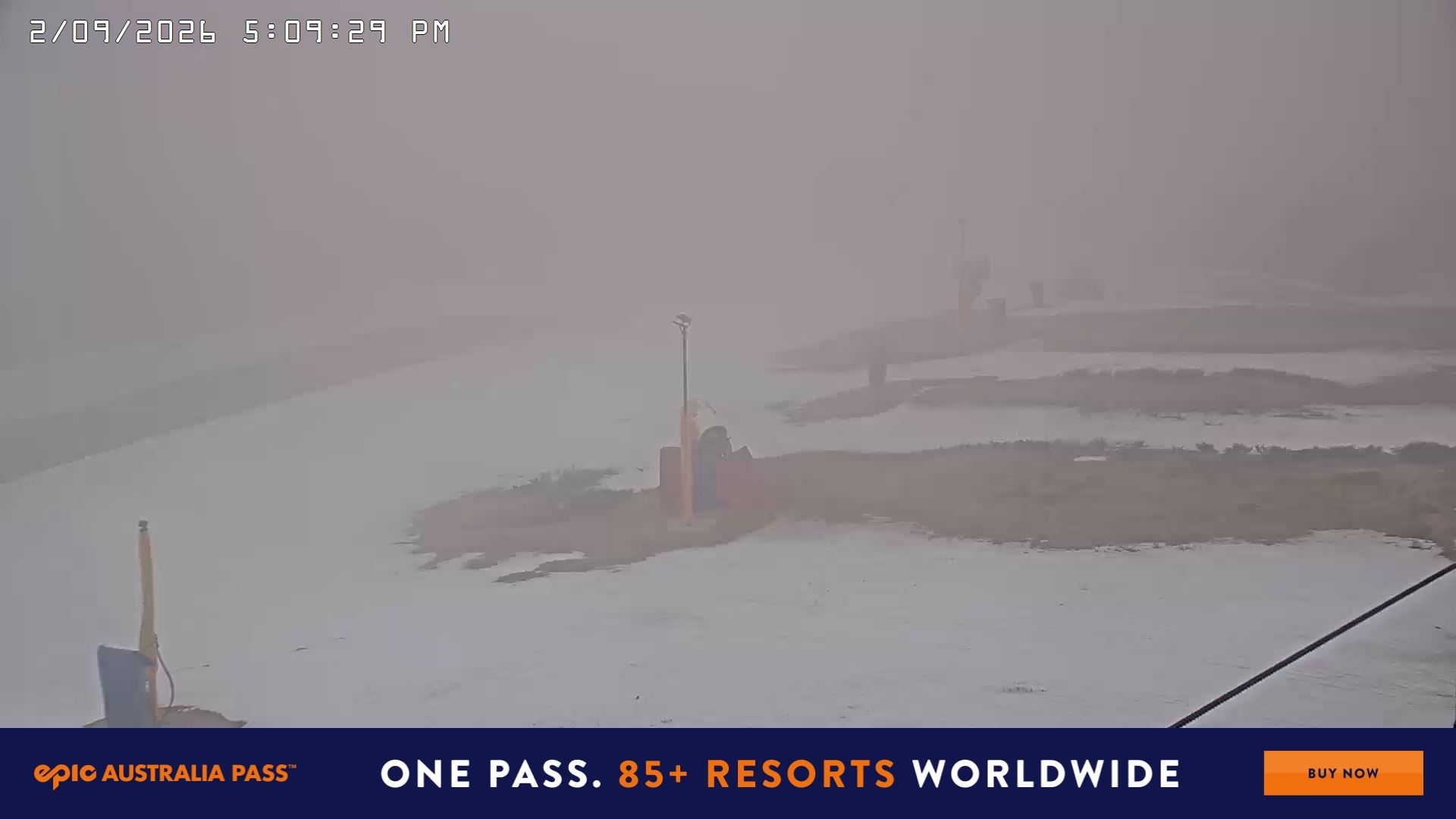 Falls Creek Drover's Dream Lake View snow cam captured at 2 September 2026 at 5:17 pm AEST