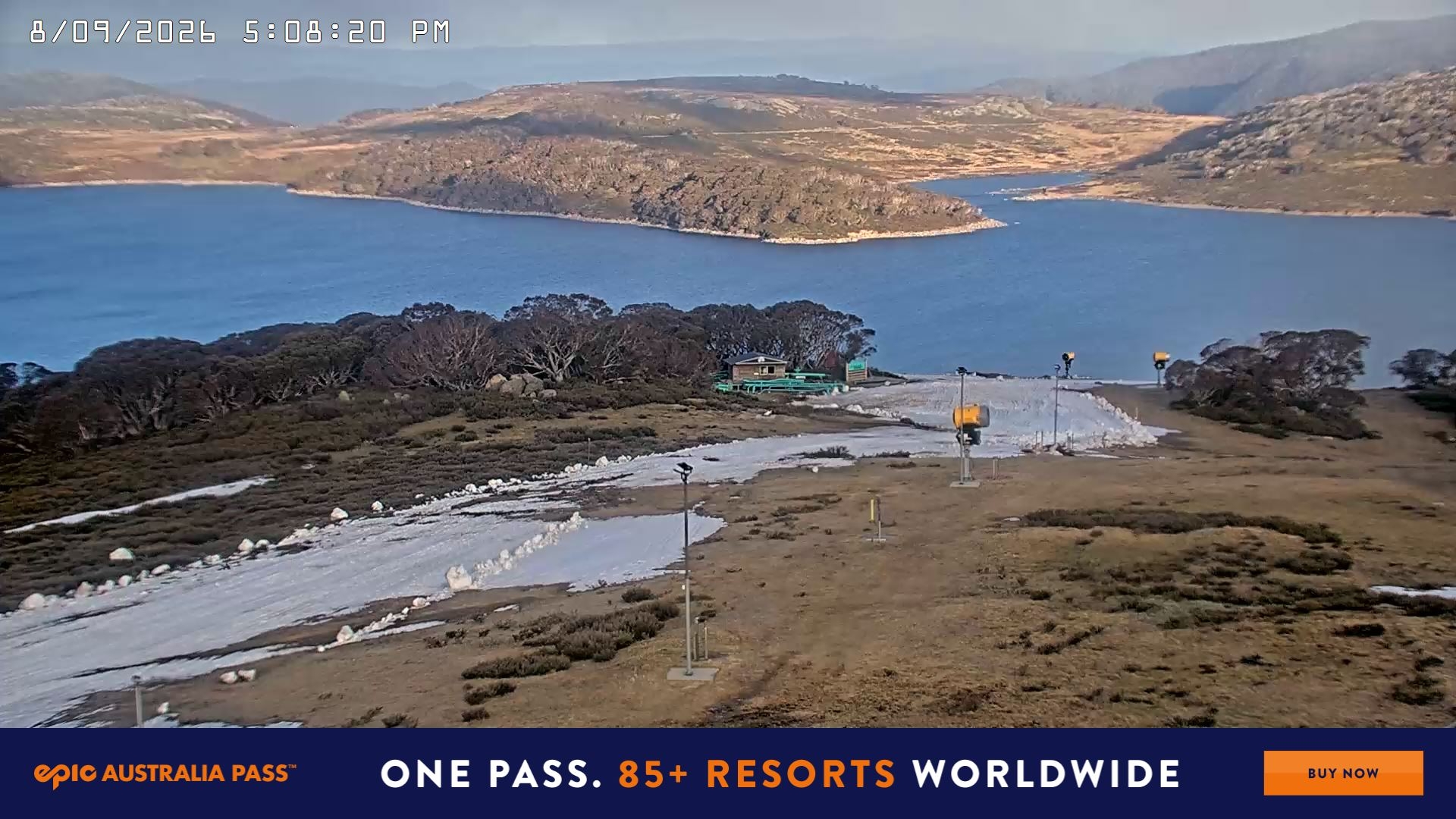 Falls Creek Drover's Dream Lake View snow cam captured at 8 September 2026 at 5:18 pm AEST