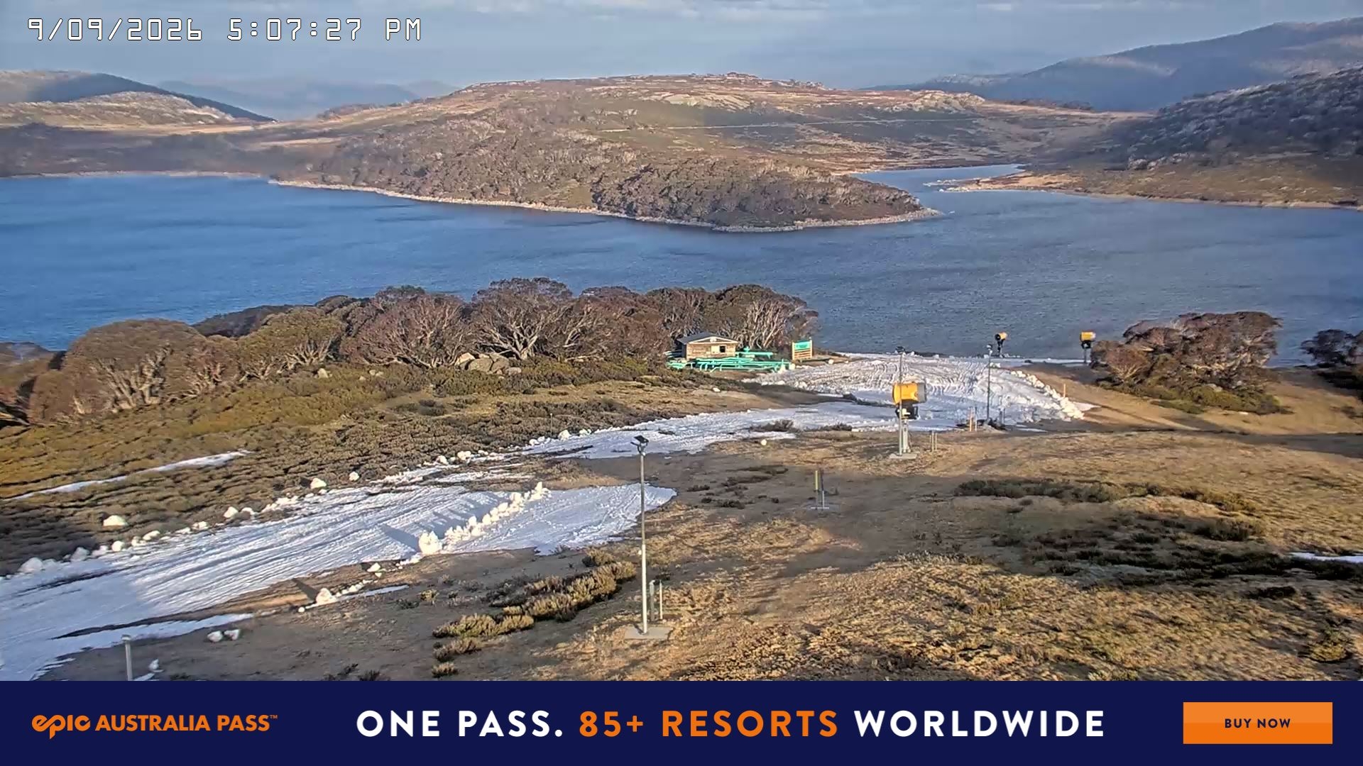 Falls Creek Drover's Dream Lake View snow cam captured at 9 September 2026 at 5:19 pm AEST