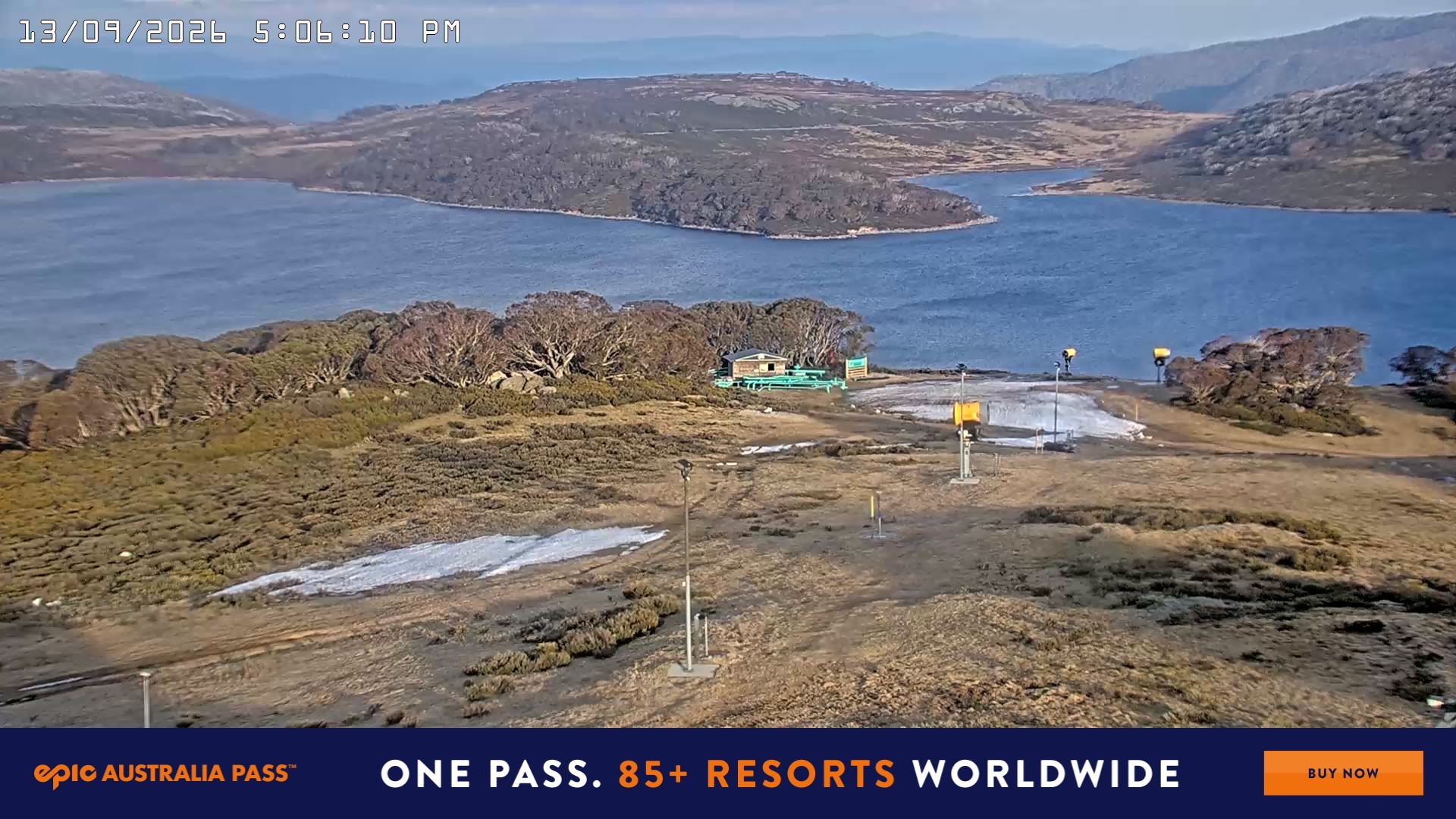 Falls Creek Drover's Dream Lake View snow cam captured at 13 September 2026 at 5:16 pm AEST