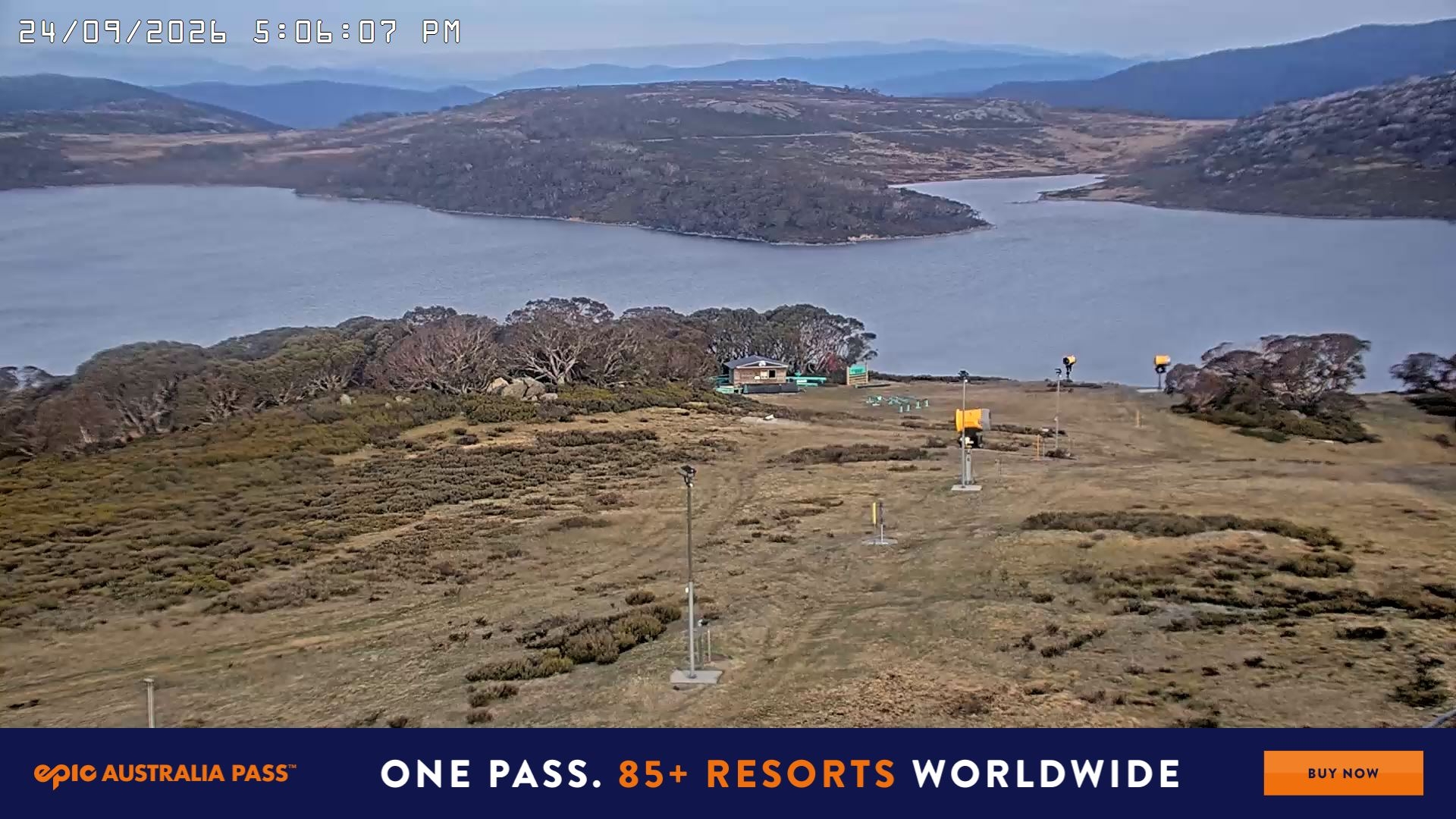 Falls Creek Drover's Dream Lake View snow cam captured at 24 September 2026 at 5:16 pm AEST