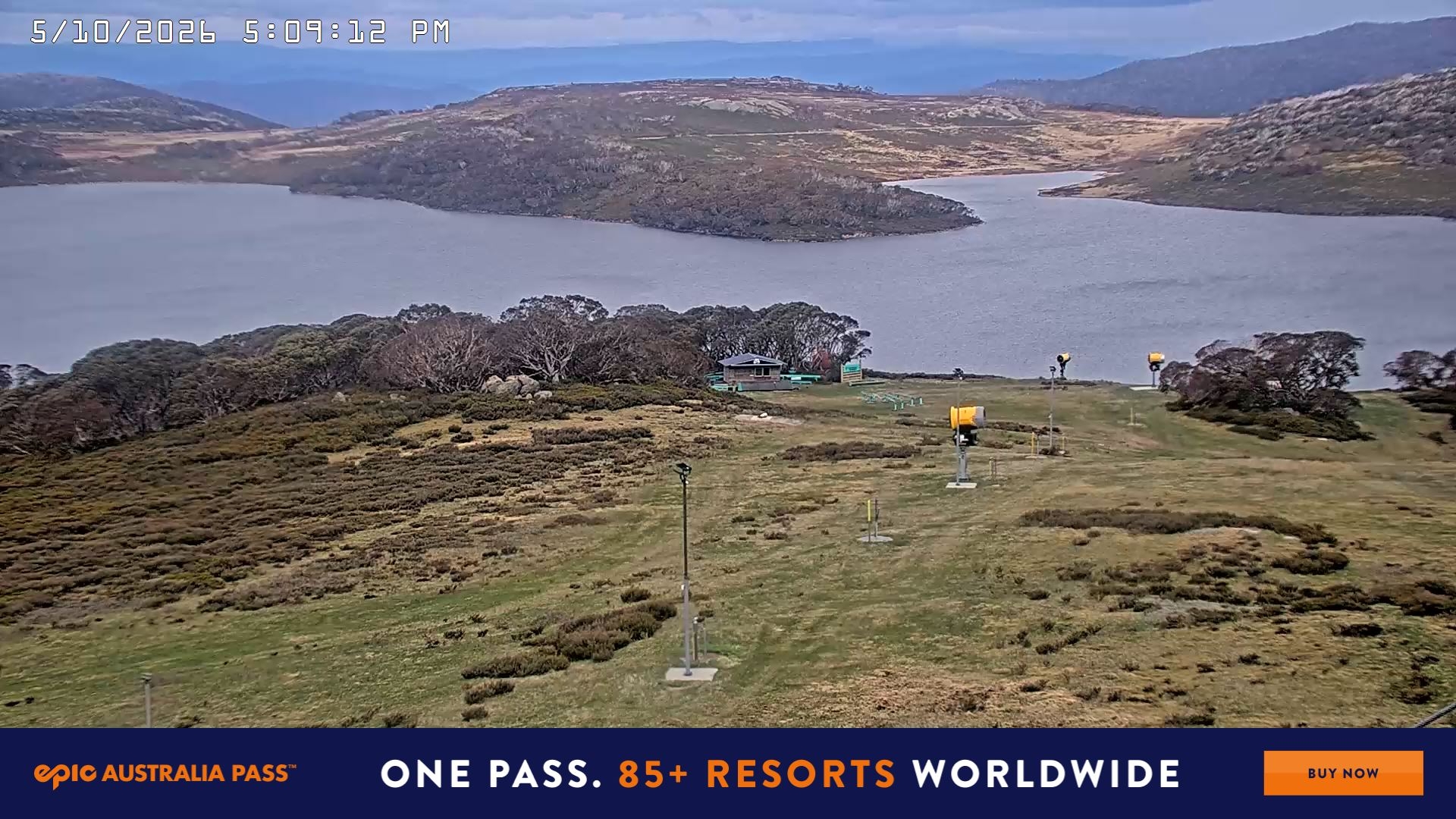 Falls Creek Drover's Dream Lake View snow cam captured at 5 October 2026 at 5:10 pm AEDT