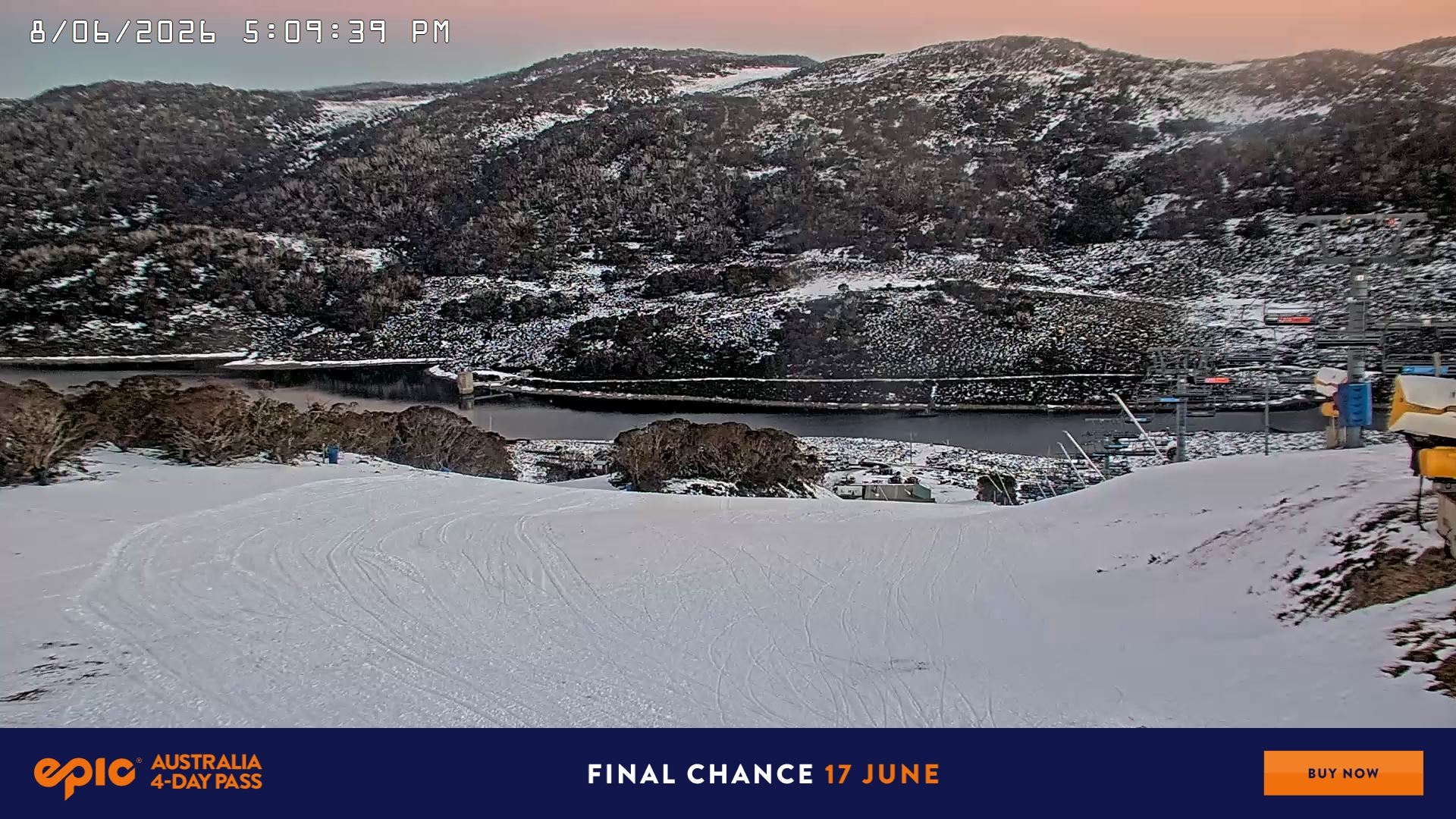 Falls Creek Main Street snow cam captured at 8 June 2026 at 6:22 pm AEST