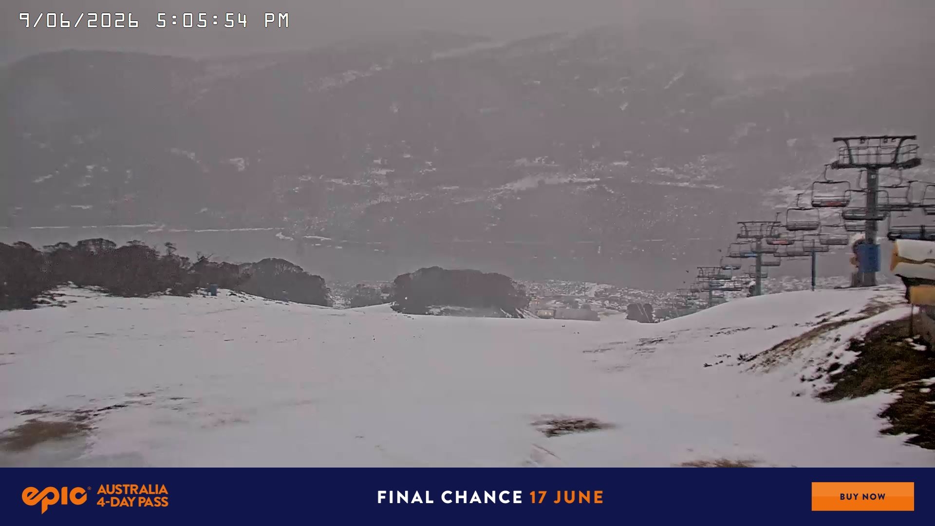 Falls Creek Main Street snow cam captured at 9 June 2026 at 5:10 pm AEST