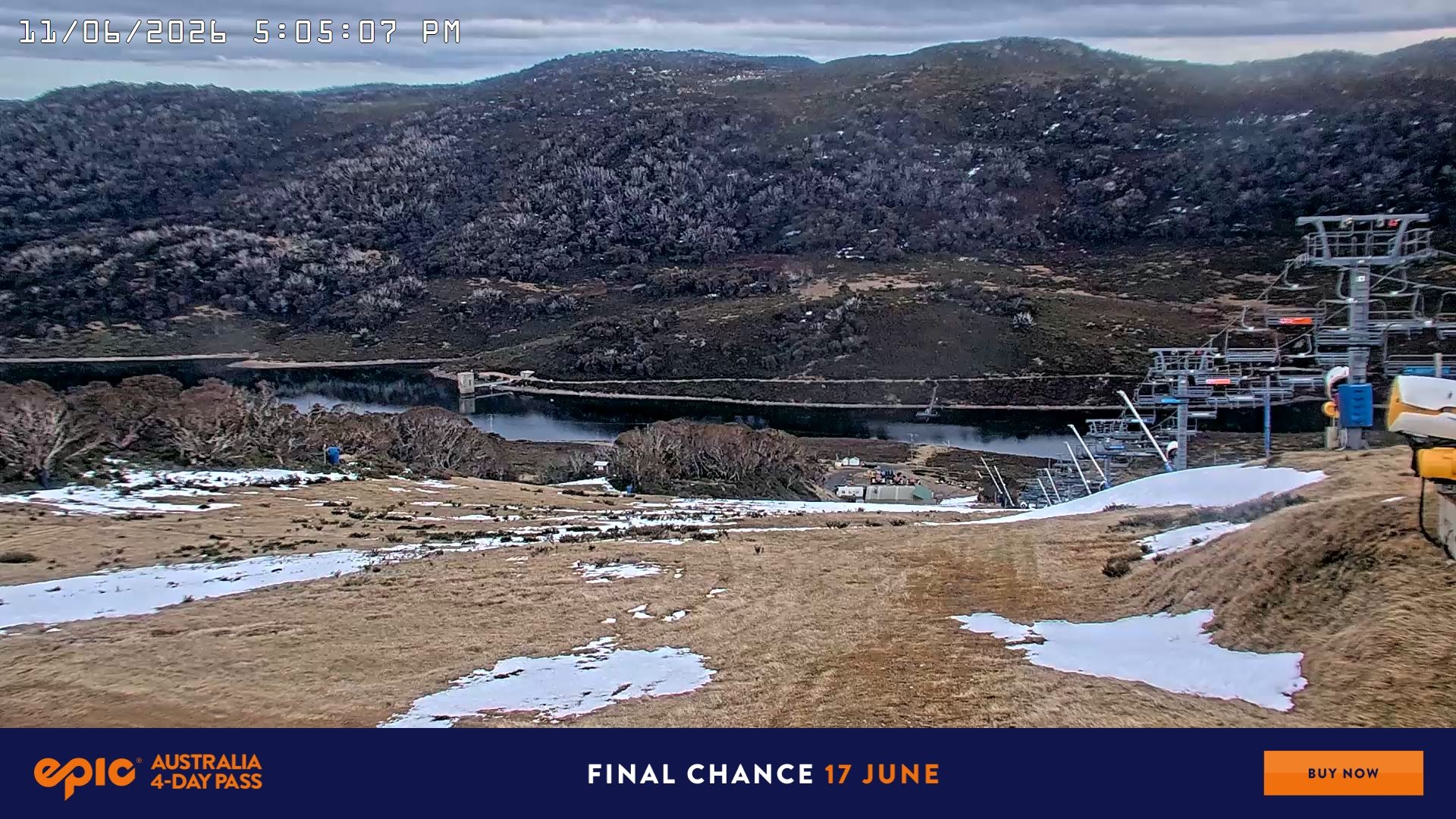 Falls Creek Main Street snow cam captured at 11 June 2026 at 5:14 pm AEST