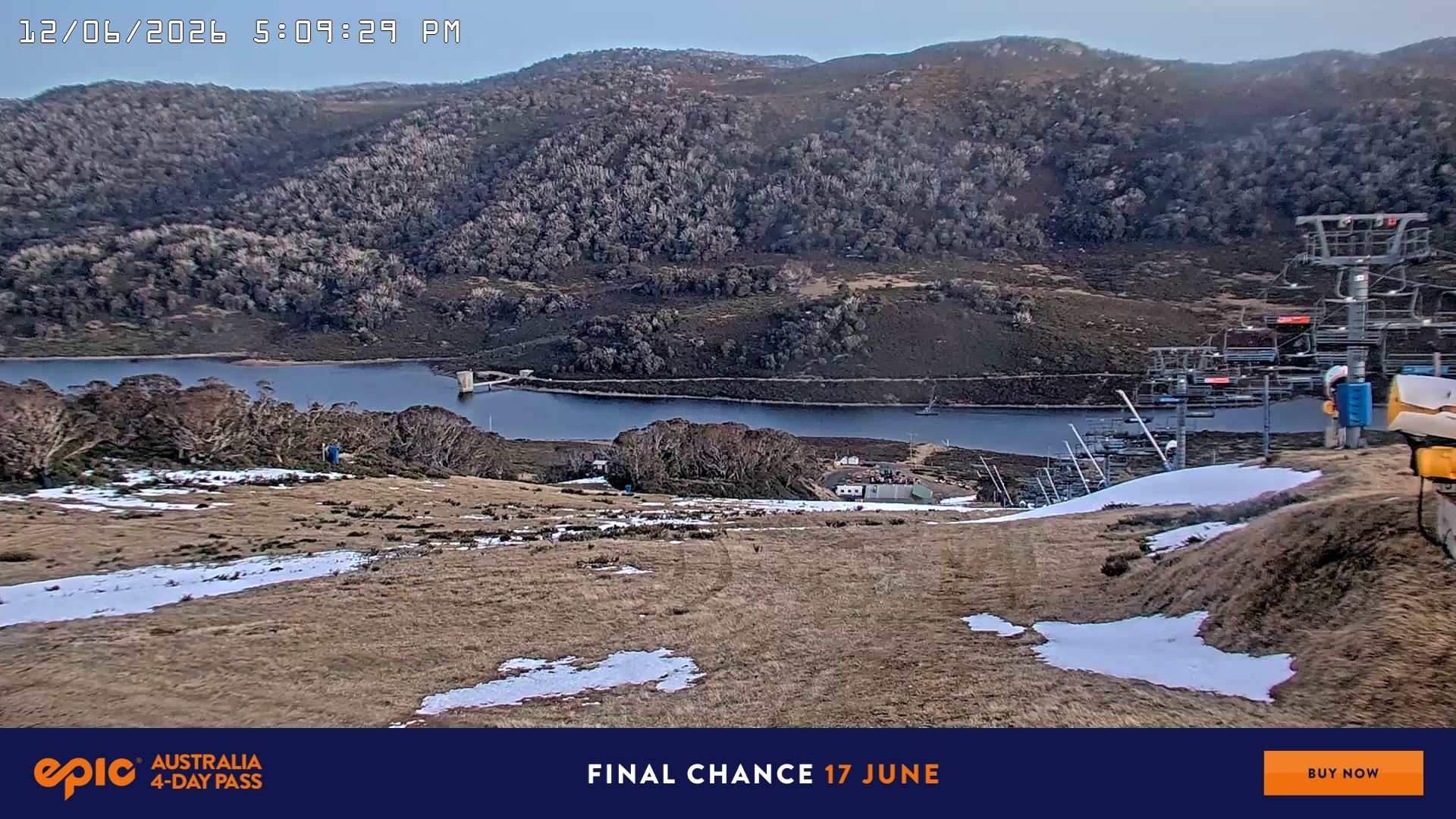 Falls Creek Main Street snow cam captured at 12 June 2026 at 5:15 pm AEST