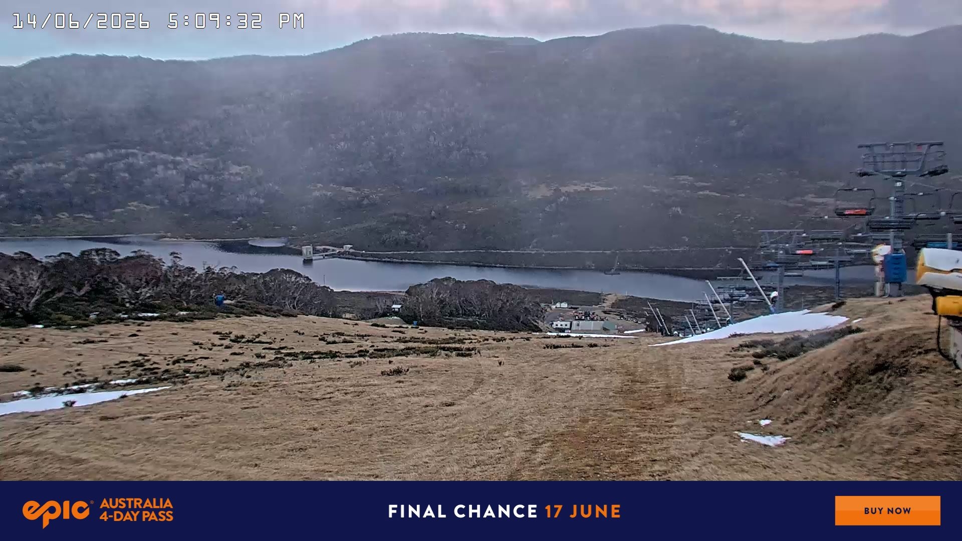 Falls Creek Main Street snow cam captured at 14 June 2026 at 5:15 pm AEST