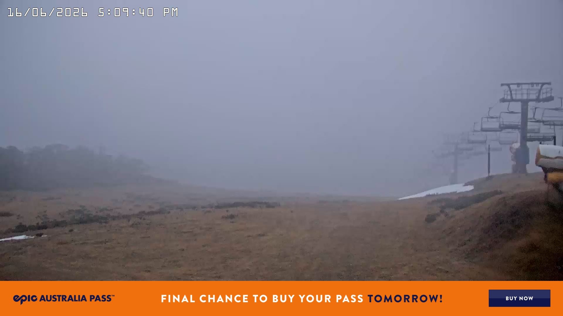 Falls Creek Main Street snow cam captured at 16 June 2026 at 5:10 pm AEST