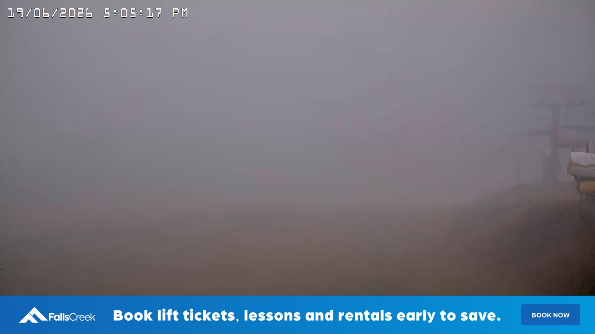 Falls Creek Main Street snow cam captured at 19 June 2026 at 5:15 pm AEST