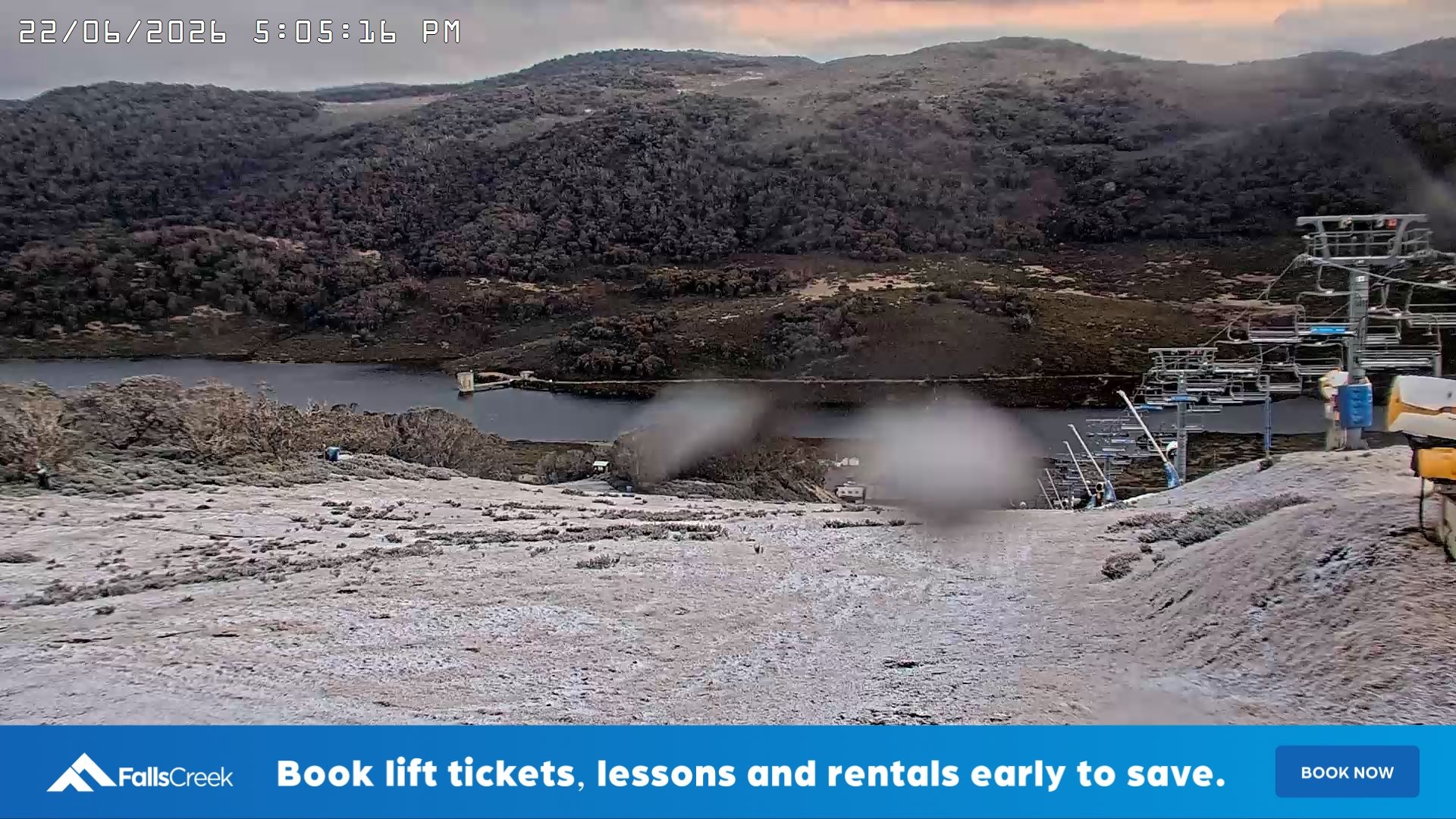 Falls Creek Main Street snow cam captured at 22 June 2026 at 5:10 pm AEST