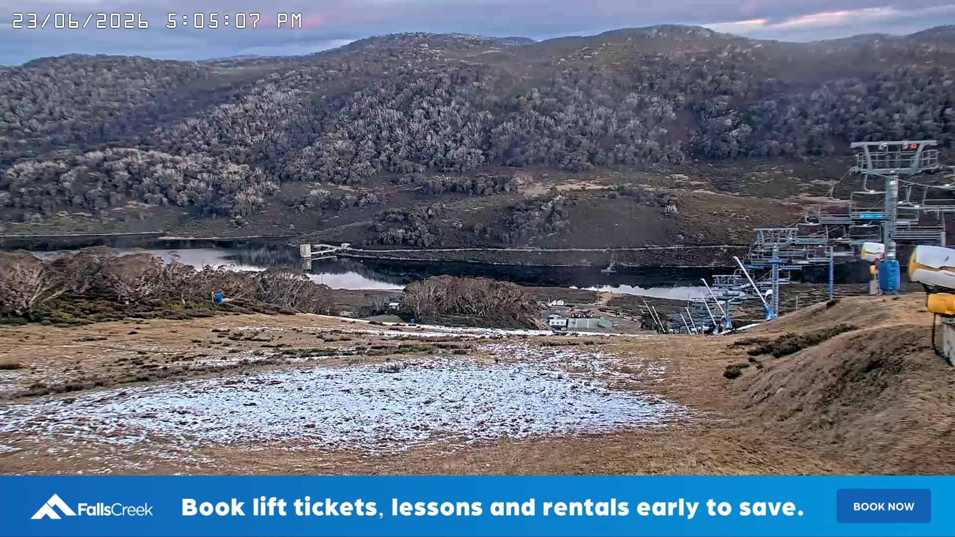 Falls Creek Main Street snow cam captured at 23 June 2026 at 5:10 pm AEST