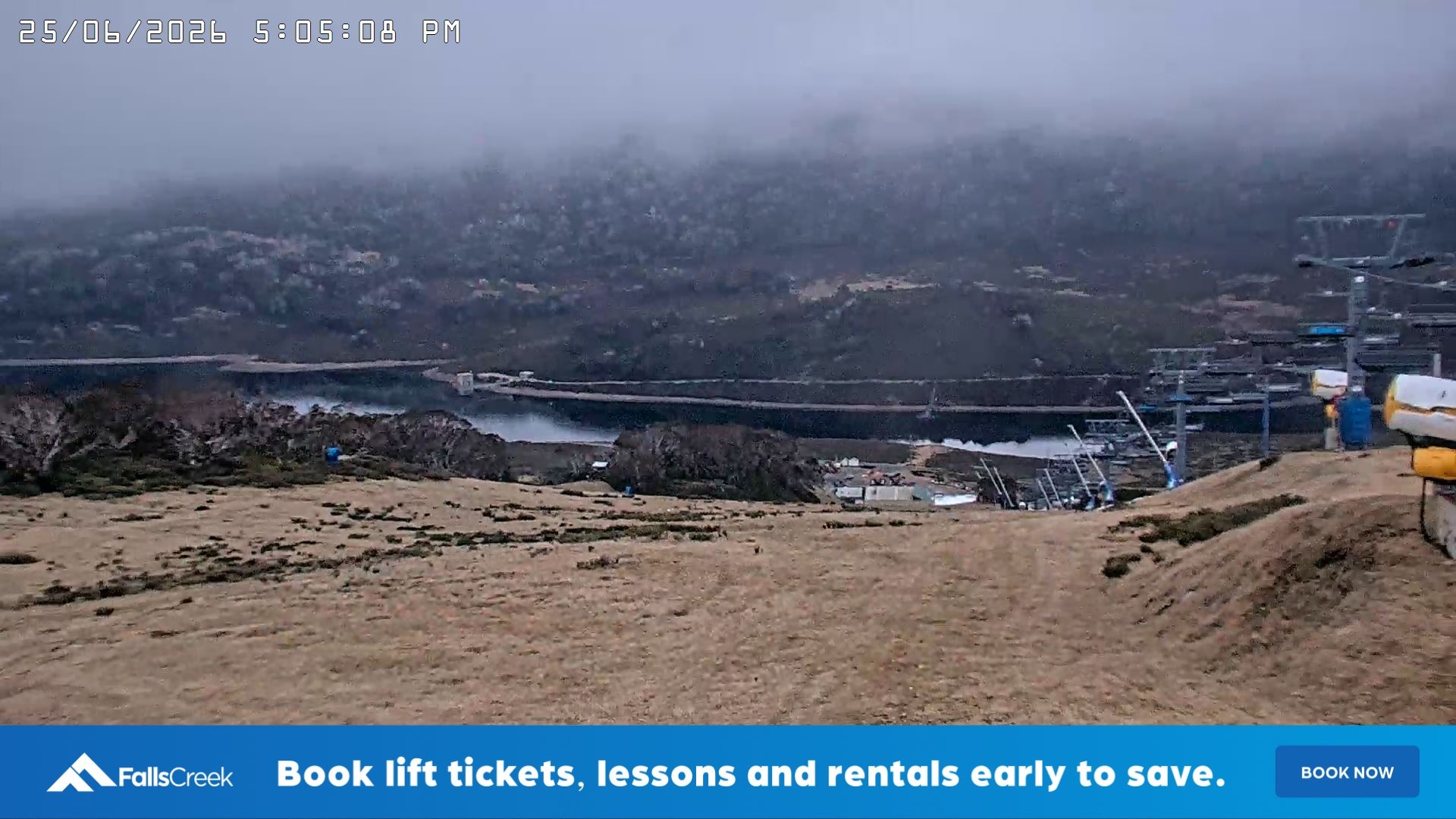 Falls Creek Main Street snow cam captured at 25 June 2026 at 5:10 pm AEST