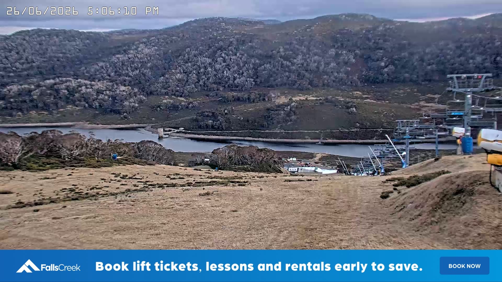 Falls Creek Main Street snow cam captured at 26 June 2026 at 5:10 pm AEST
