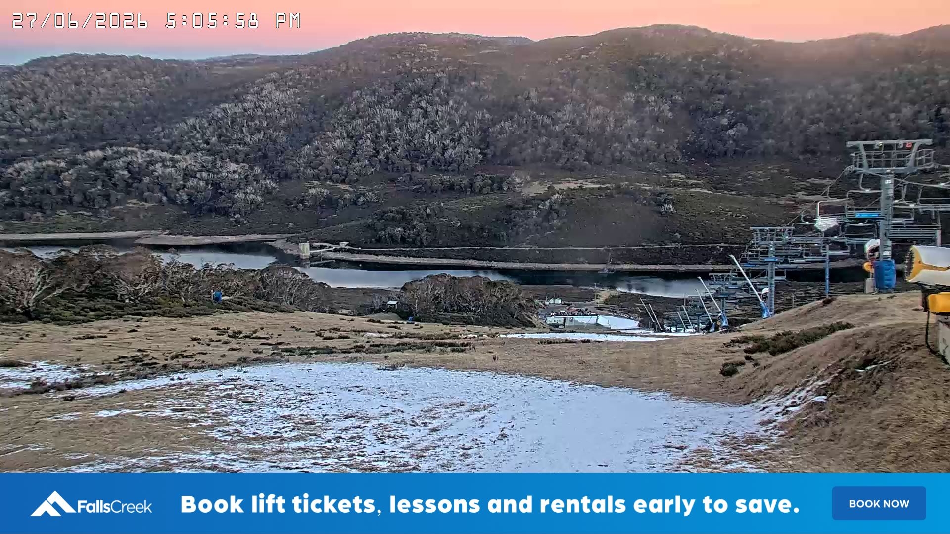 Falls Creek Main Street snow cam captured at 27 June 2026 at 5:14 pm AEST