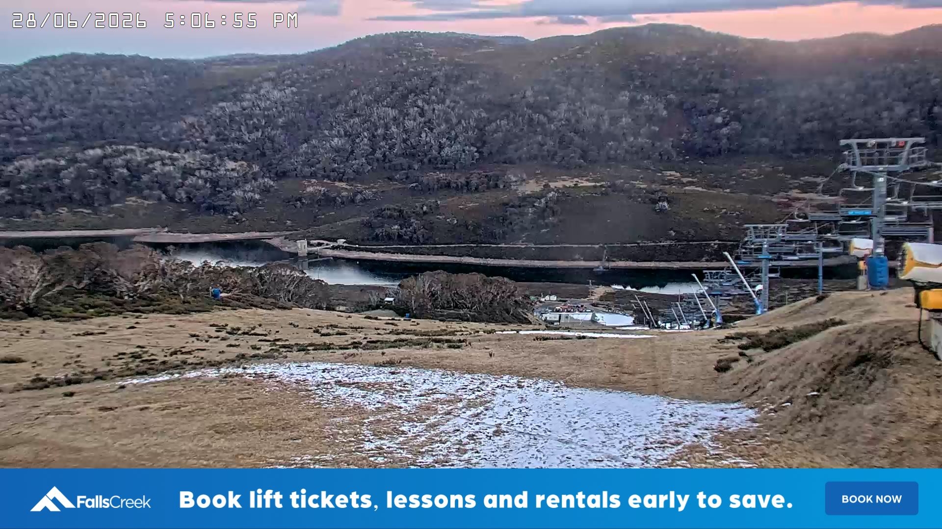 Falls Creek Main Street snow cam captured at 28 June 2026 at 5:13 pm AEST