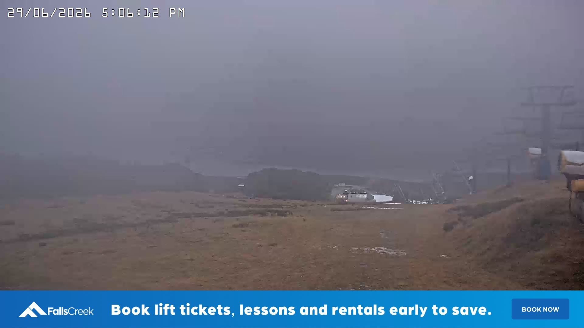 Falls Creek Main Street snow cam captured at 29 June 2026 at 5:12 pm AEST