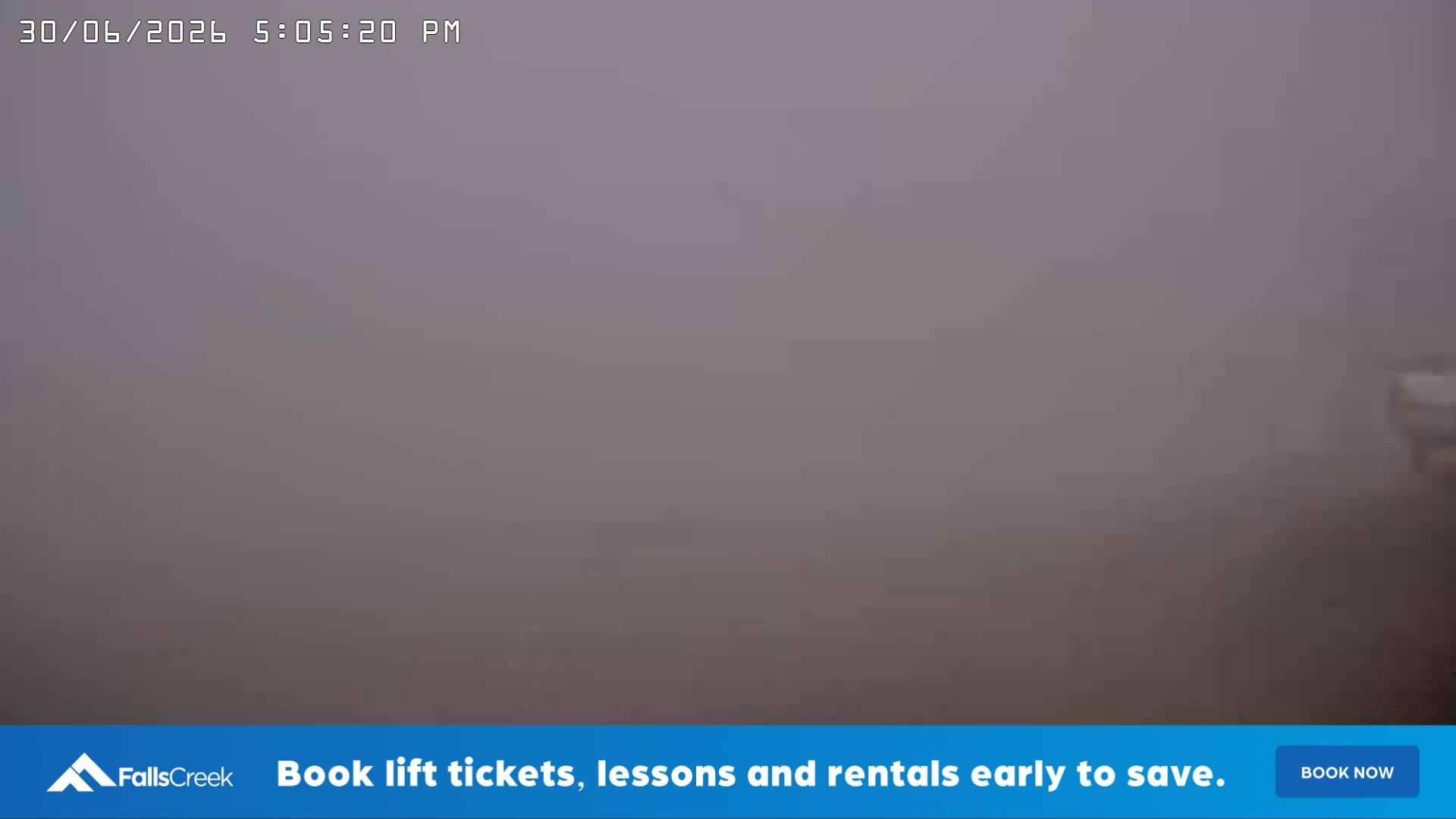 Falls Creek Main Street snow cam captured at 30 June 2026 at 5:10 pm AEST