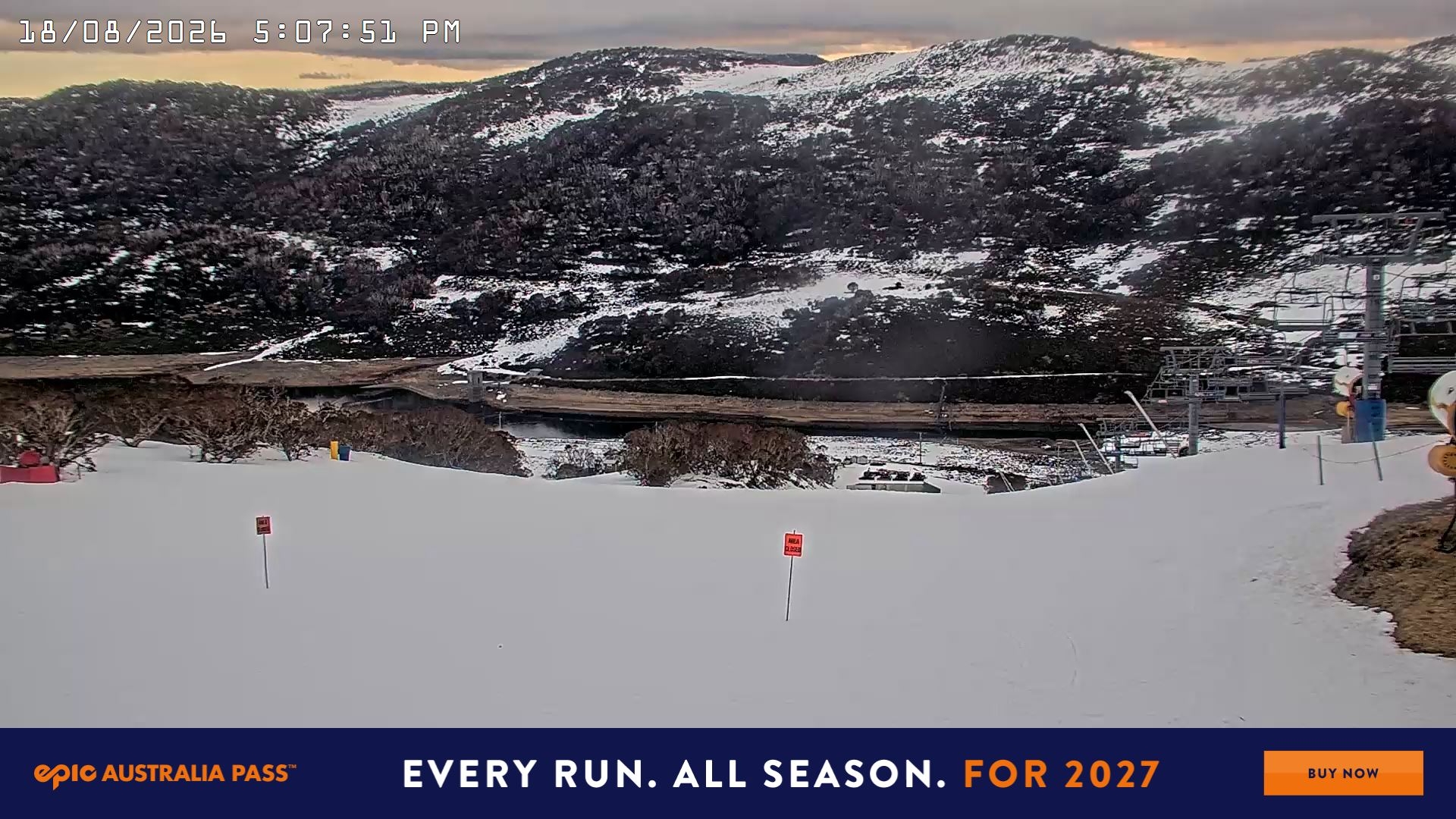 Falls Creek Main Street snow cam captured at 18 August 2026 at 5:11 pm AEST