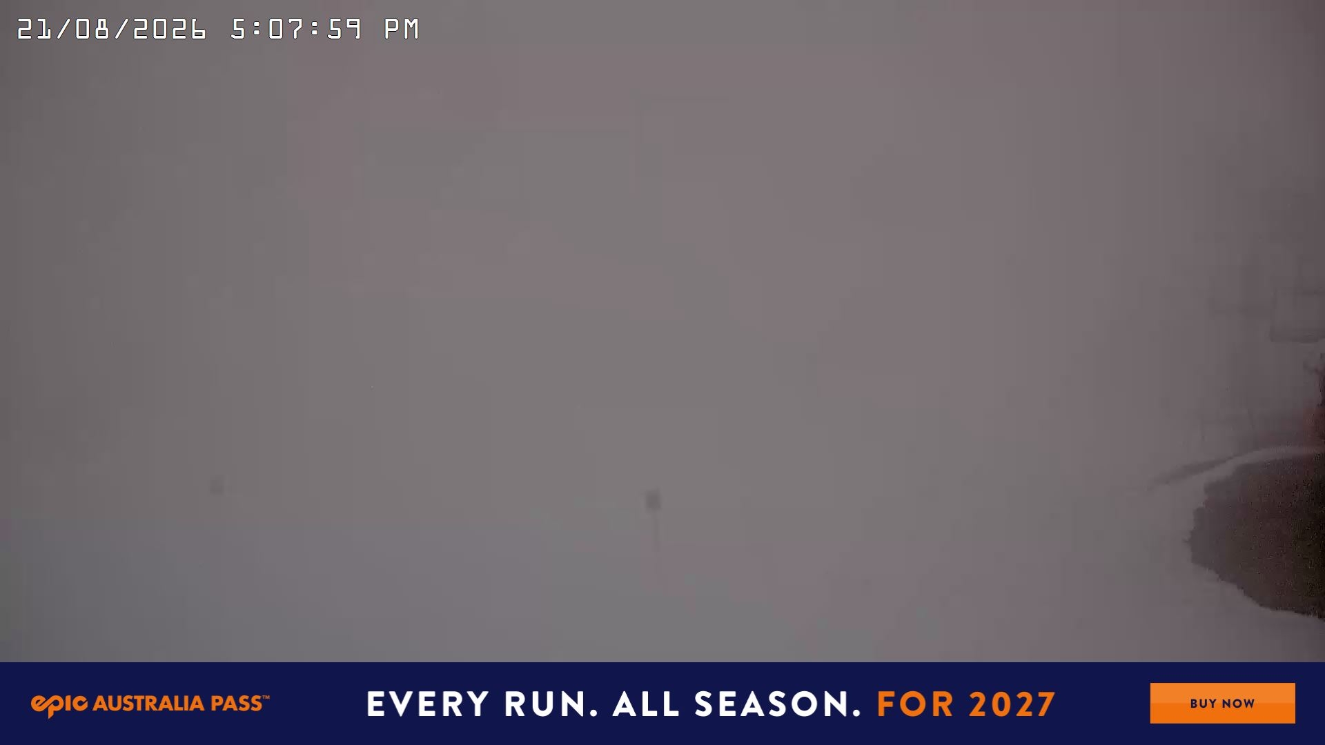 Falls Creek Main Street snow cam captured at 21 August 2026 at 5:16 pm AEST
