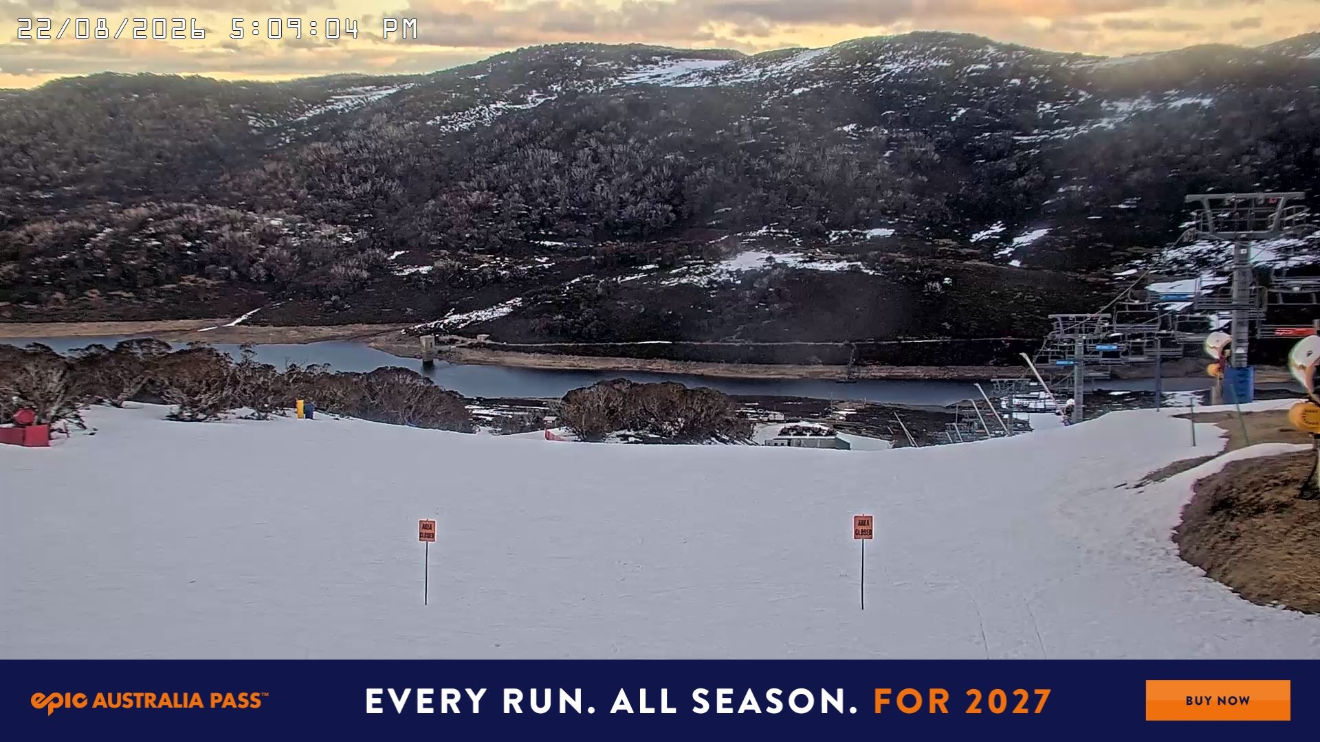 Falls Creek Main Street snow cam captured at 22 August 2026 at 5:17 pm AEST