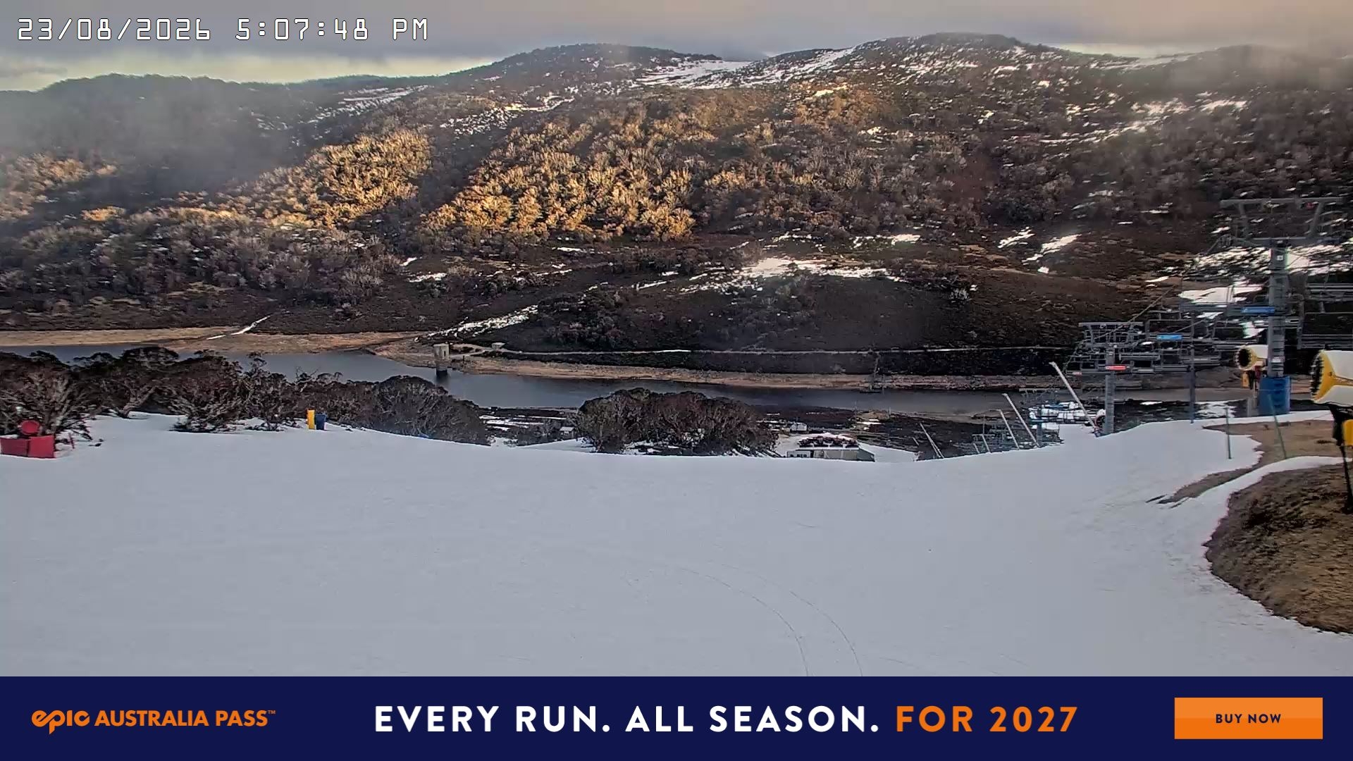 Falls Creek Main Street snow cam captured at 23 August 2026 at 5:18 pm AEST