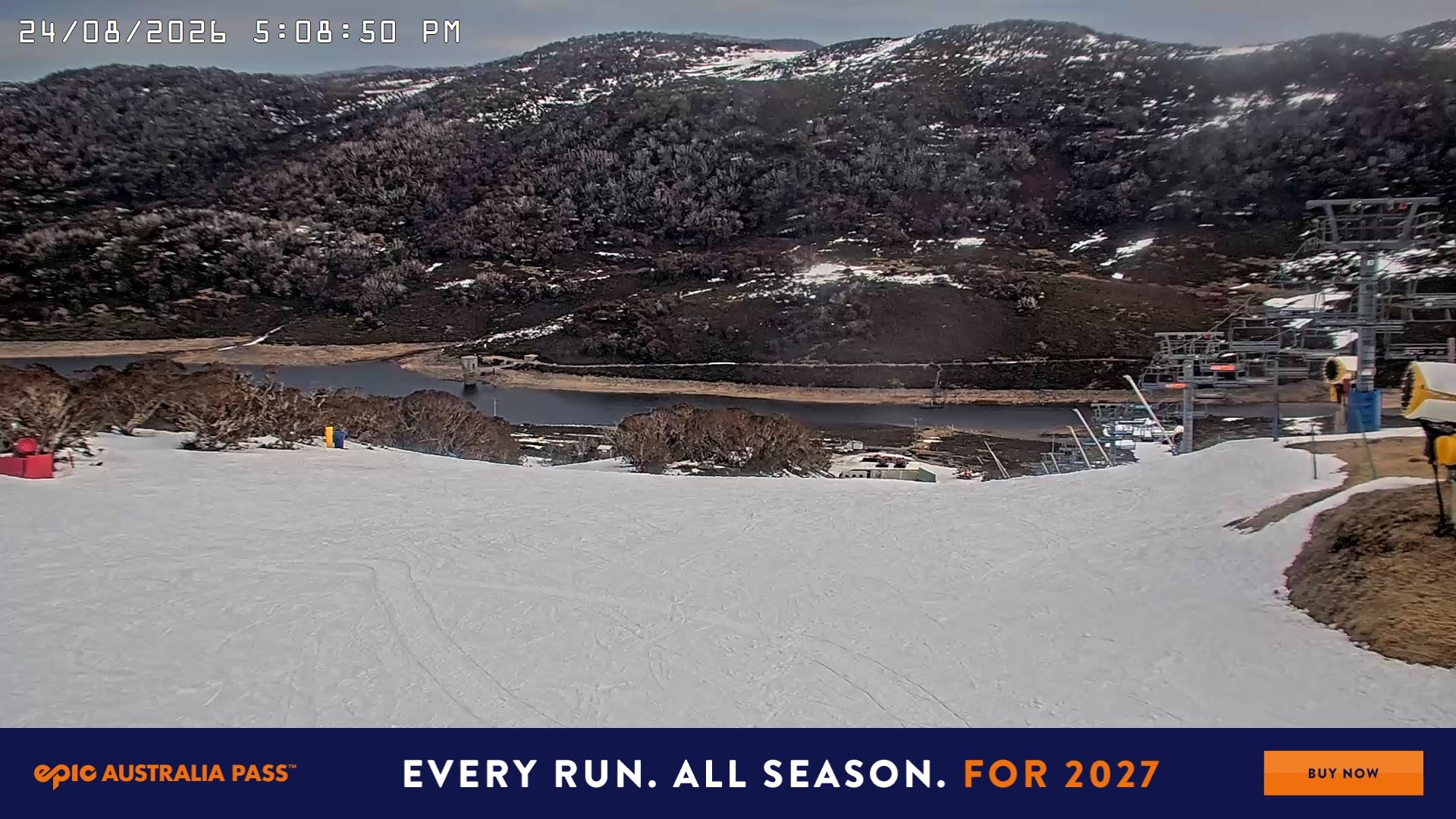 Falls Creek Main Street snow cam captured at 24 August 2026 at 5:19 pm AEST