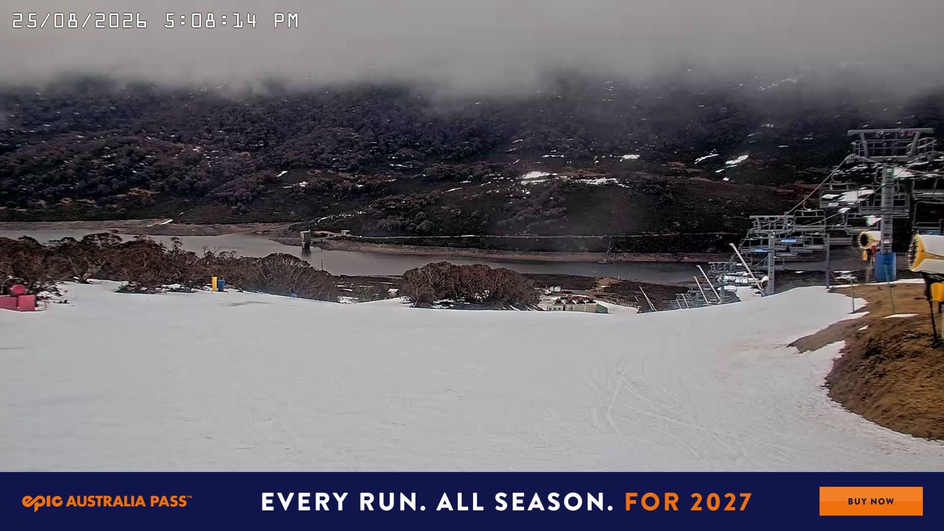 Falls Creek Main Street snow cam captured at 25 August 2026 at 5:20 pm AEST